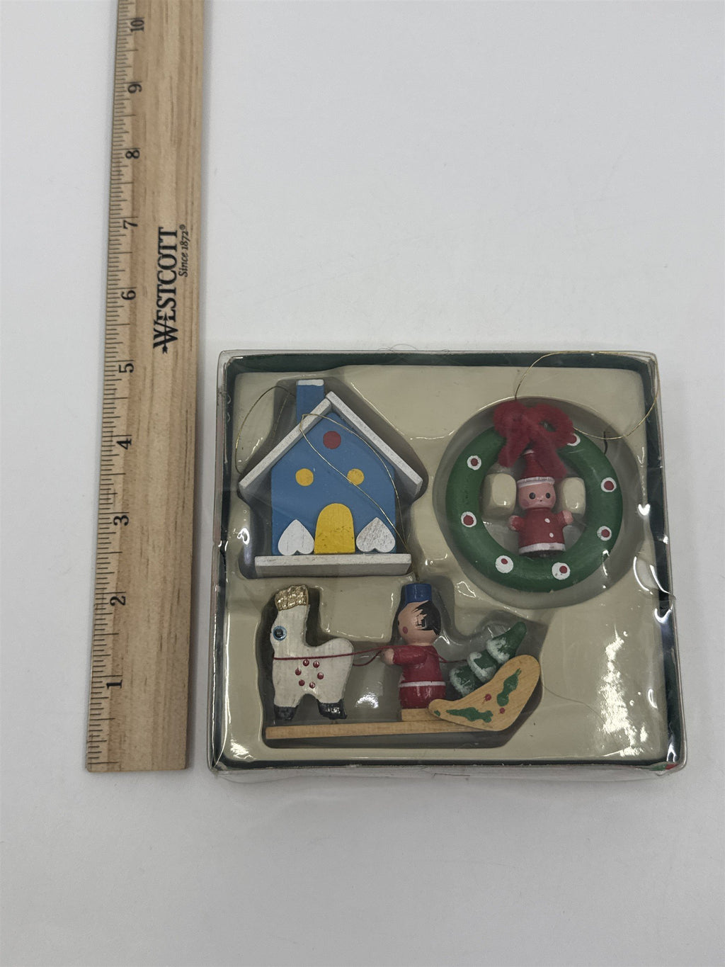 Vintage Set Of Three Wooden Christmas Ornaments Wreath, House And Sleigh