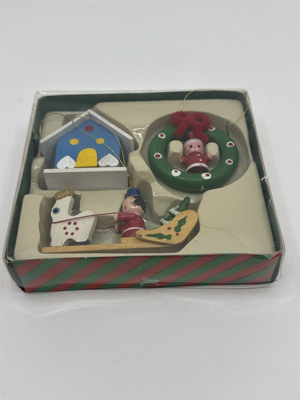 Vintage Set Of Three Wooden Christmas Ornaments Wreath, House And Sleigh