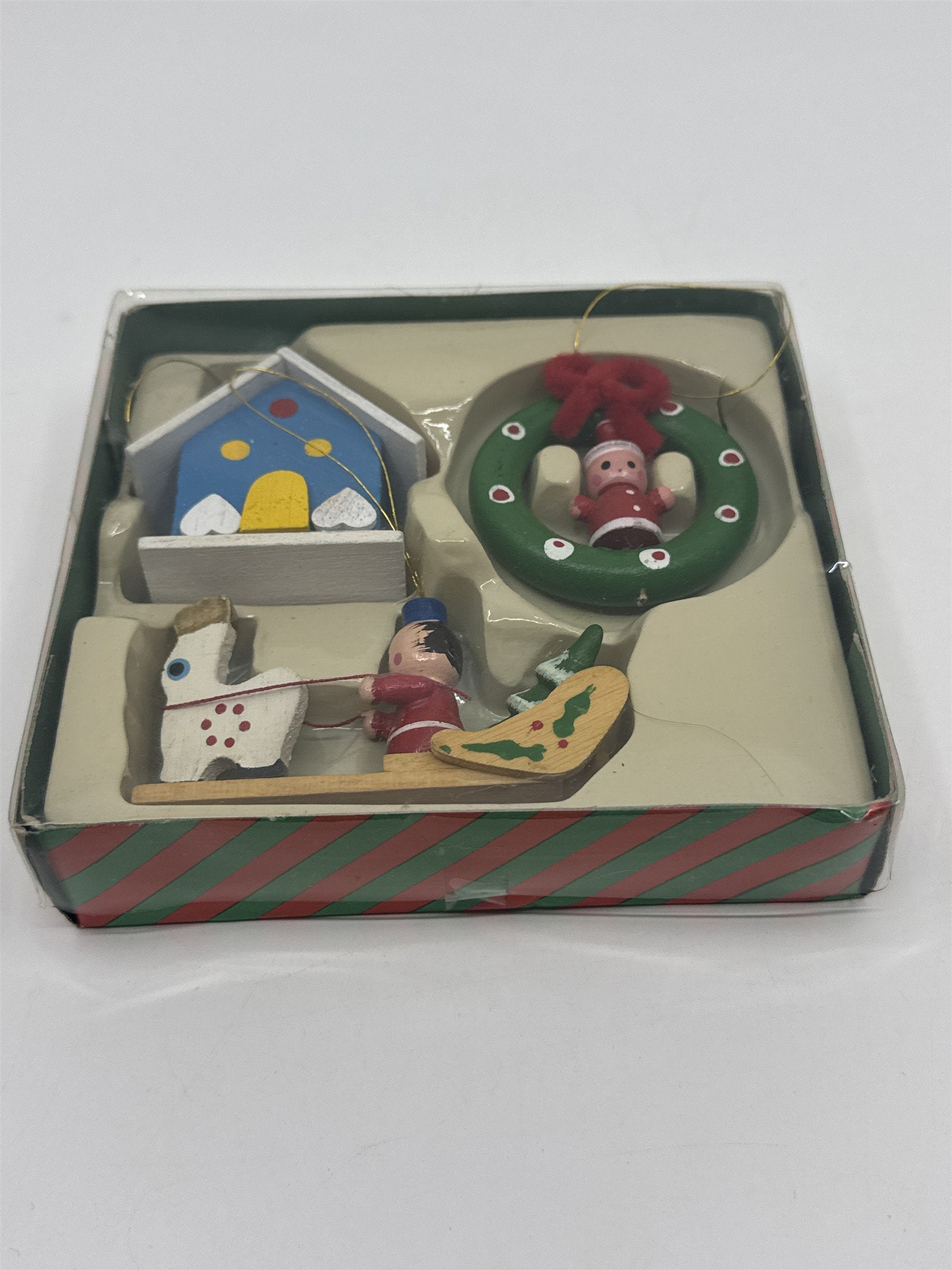 Vintage Set Of Three Wooden Christmas Ornaments Wreath, House And Sleigh