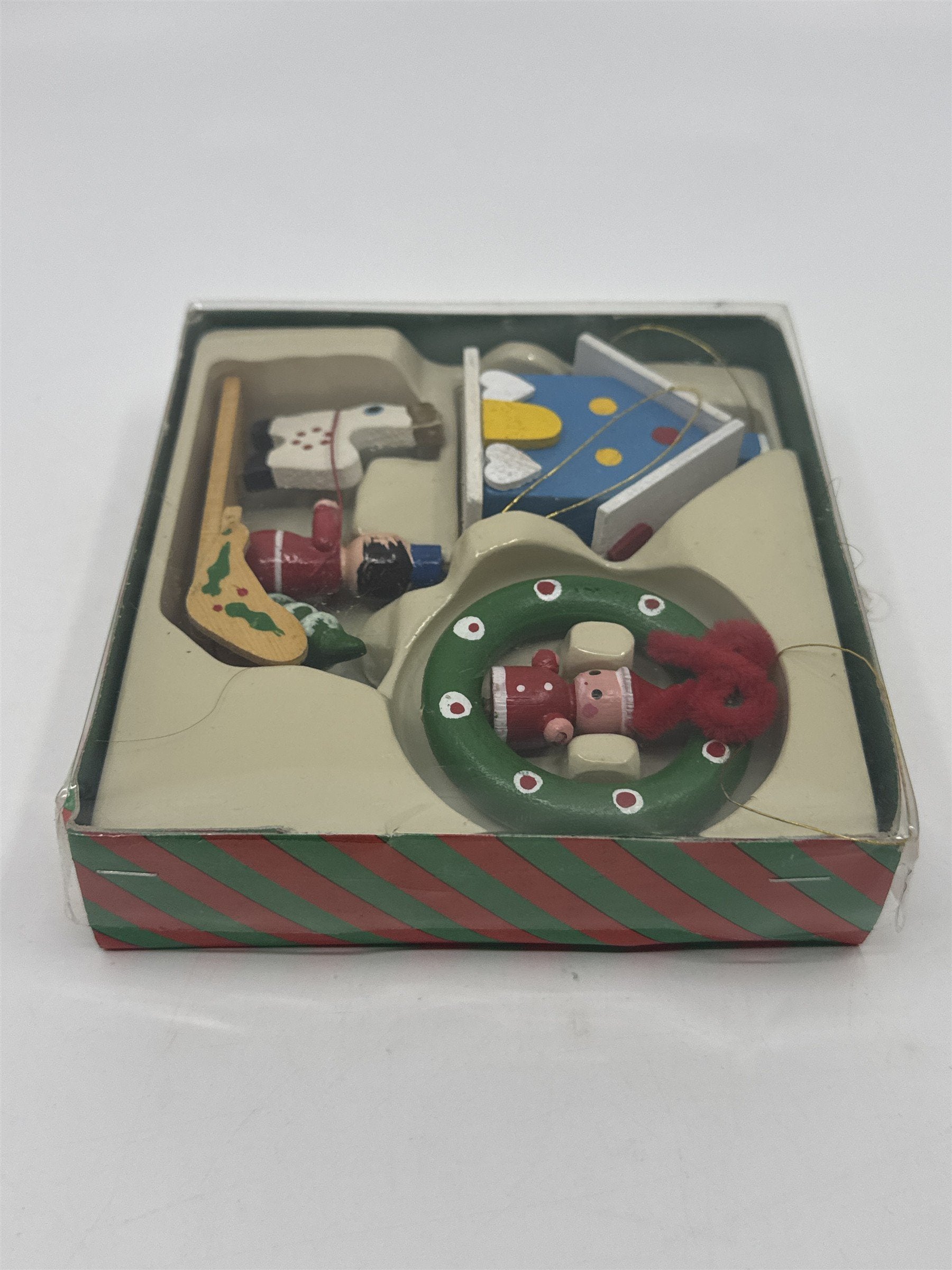 Vintage Set Of Three Wooden Christmas Ornaments Wreath, House And Sleigh