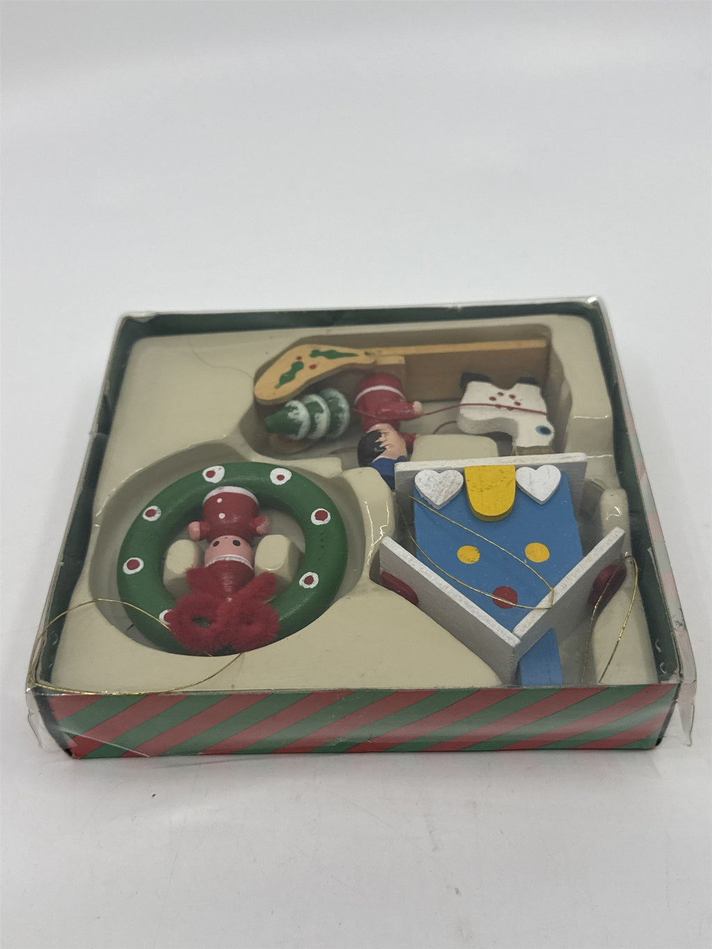 Vintage Set Of Three Wooden Christmas Ornaments Wreath, House And Sleigh