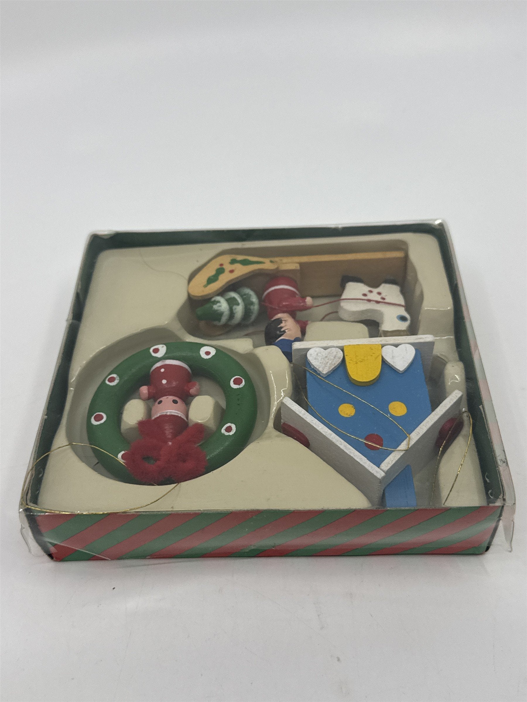 Vintage Set Of Three Wooden Christmas Ornaments Wreath, House And Sleigh