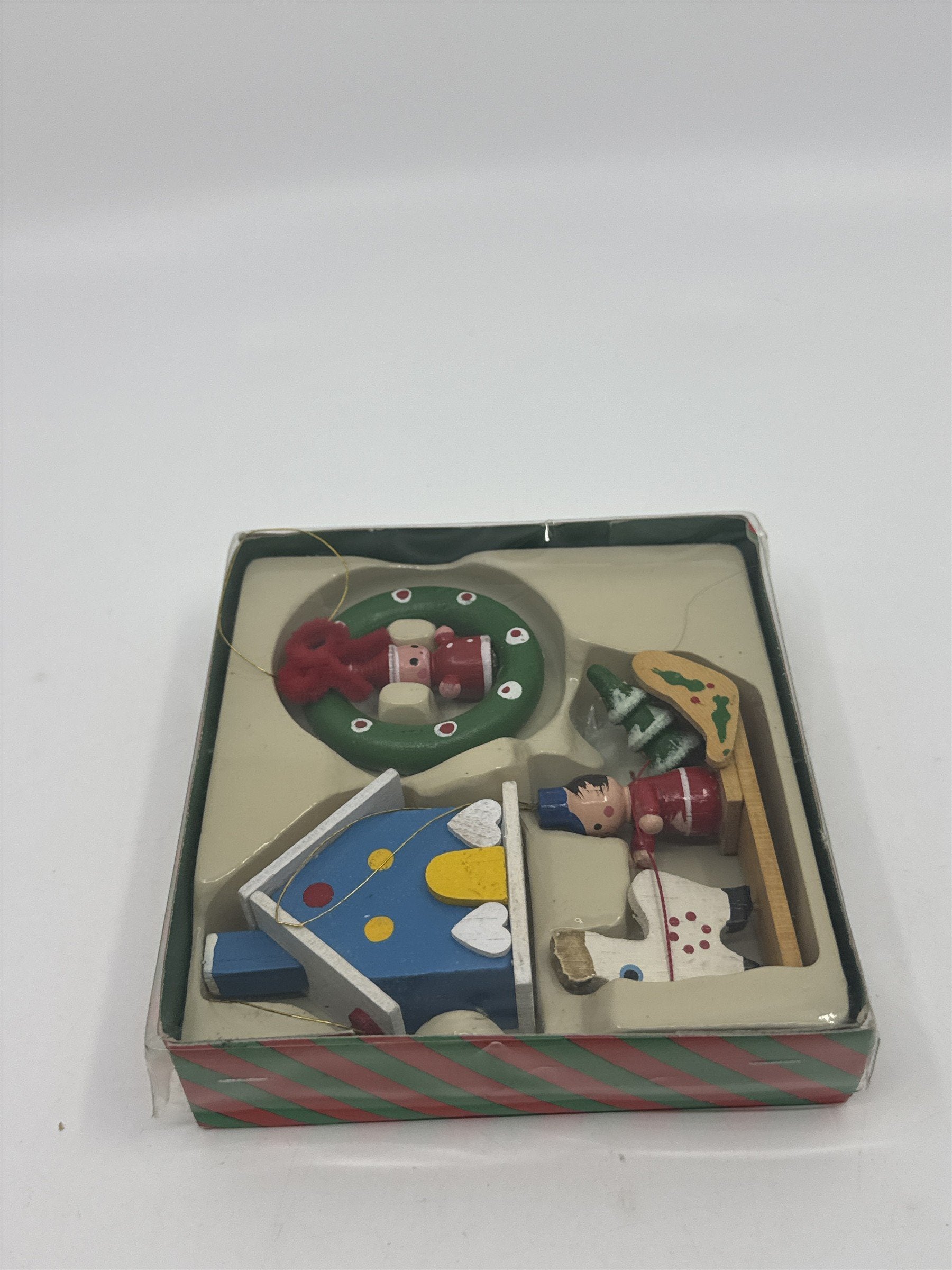 Vintage Set Of Three Wooden Christmas Ornaments Wreath, House And Sleigh