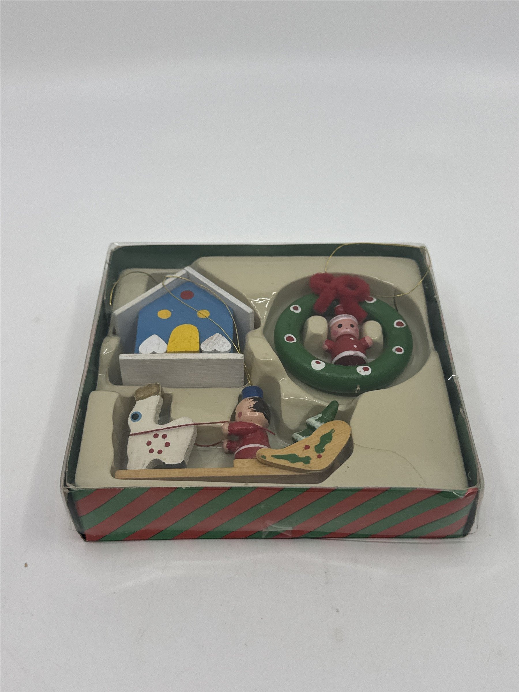 Vintage Set Of Three Wooden Christmas Ornaments Wreath, House And Sleigh