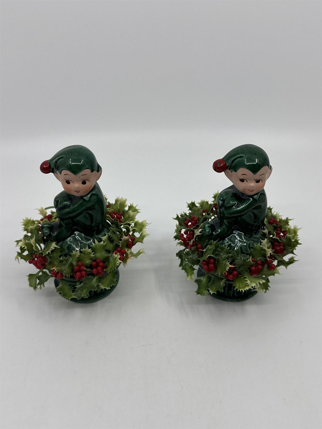Set Of Two Vintage Inarco Japan Knee Hugger Pixie Elf Ceramic Holly Figurine