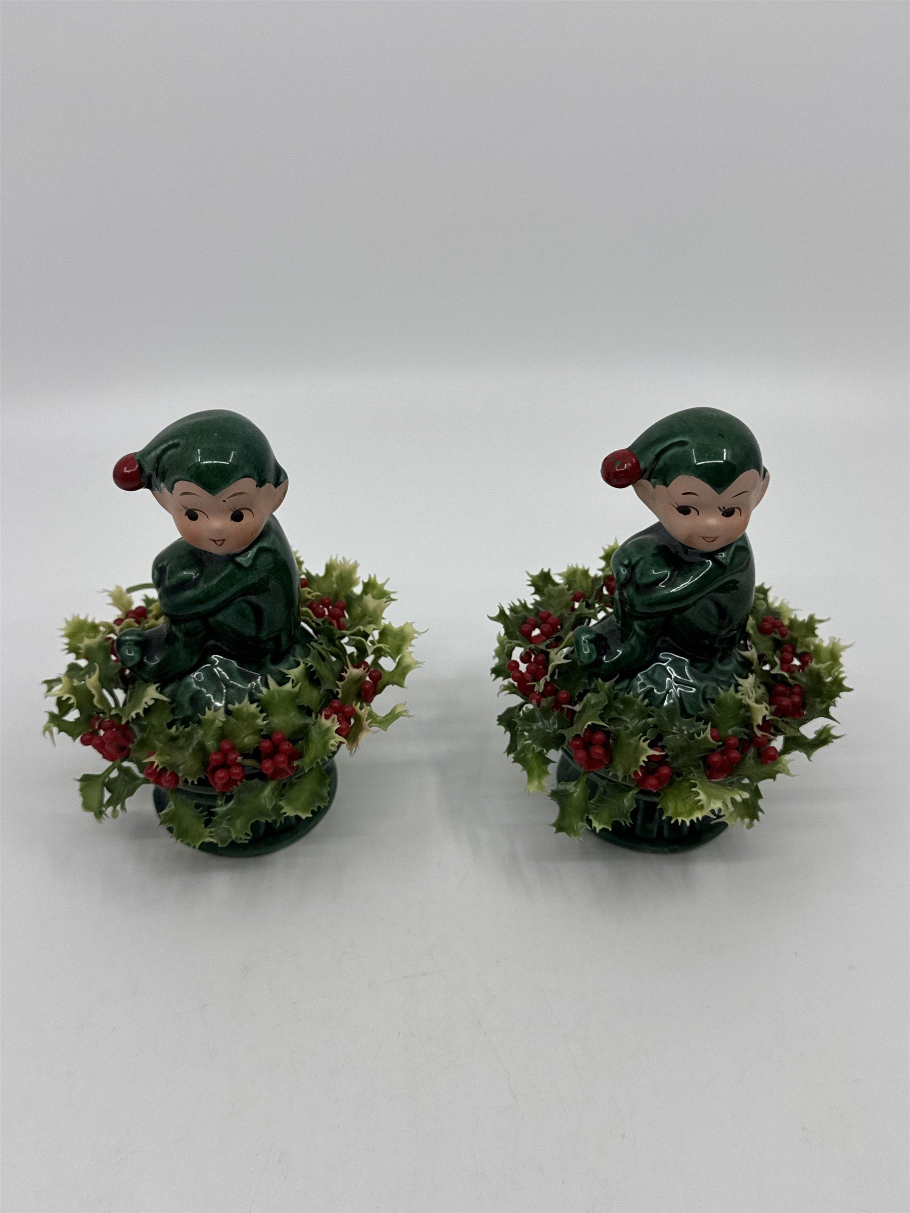 Set Of Two Vintage Inarco Japan Knee Hugger Pixie Elf Ceramic Holly Figurine