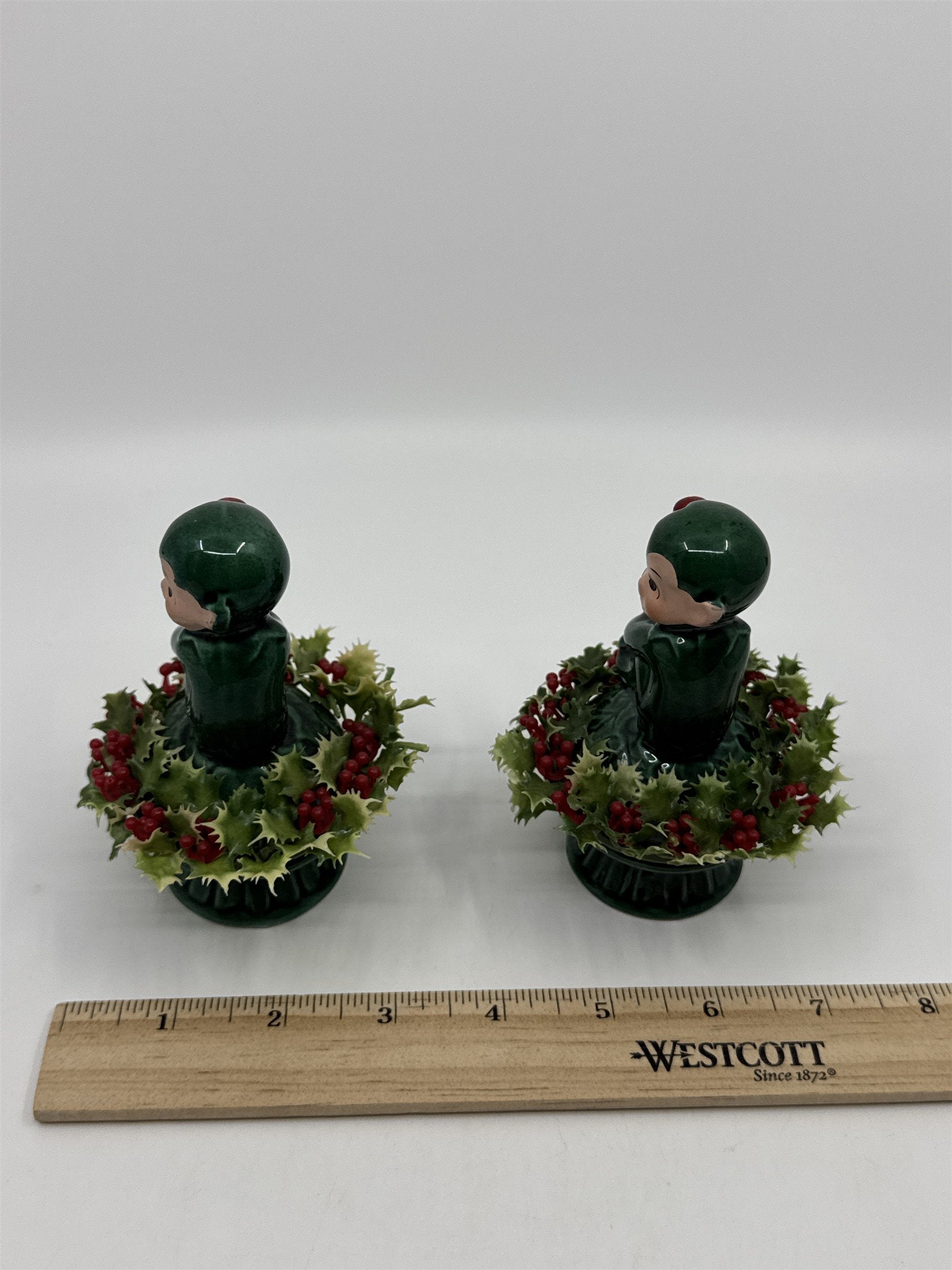 Set Of Two Vintage Inarco Japan Knee Hugger Pixie Elf Ceramic Holly Figurine