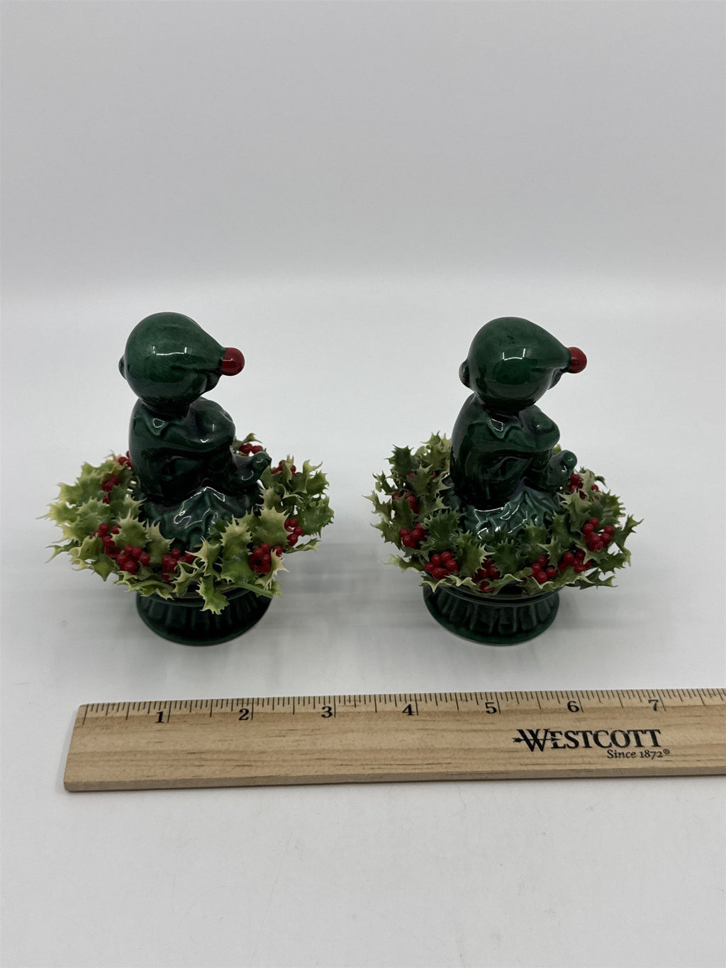 Set Of Two Vintage Inarco Japan Knee Hugger Pixie Elf Ceramic Holly Figurine