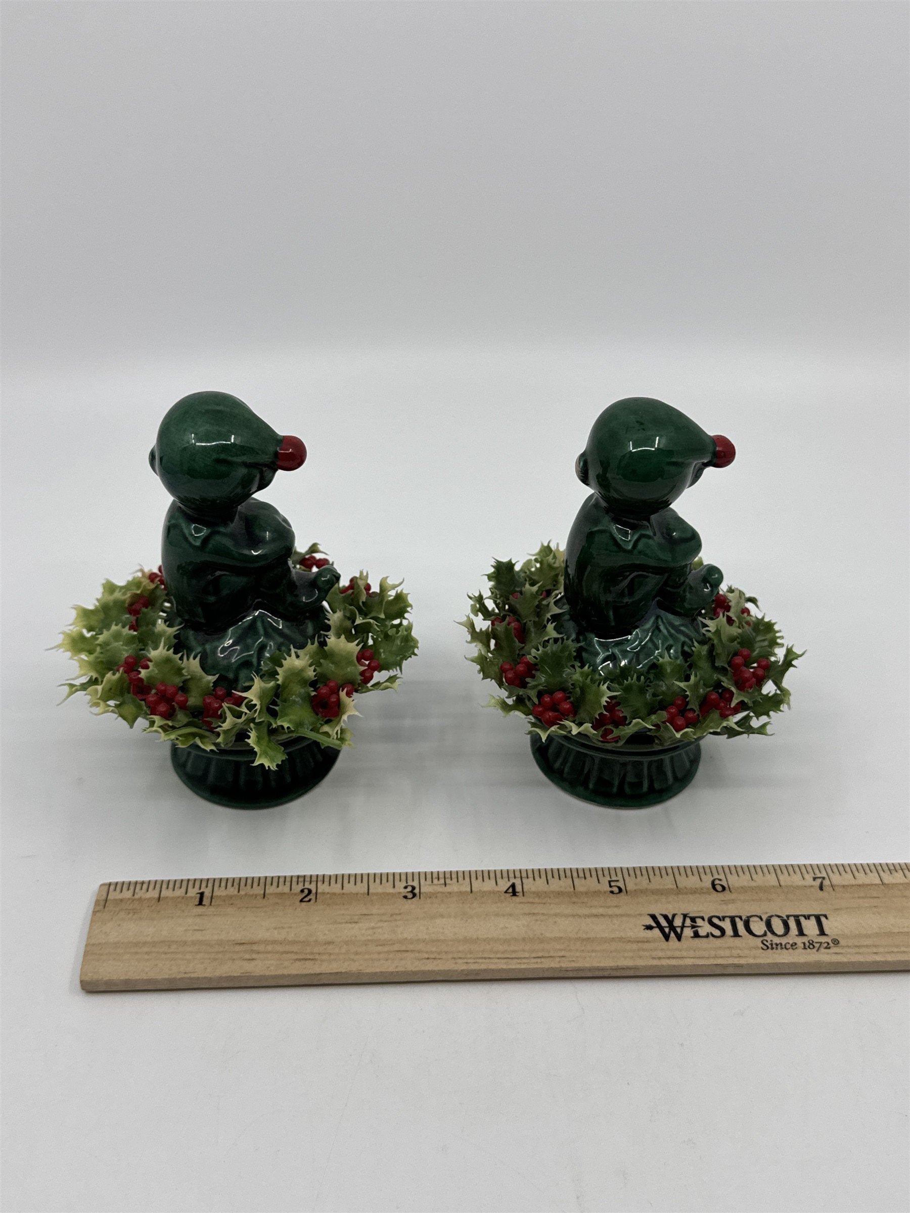 Set Of Two Vintage Inarco Japan Knee Hugger Pixie Elf Ceramic Holly Figurine