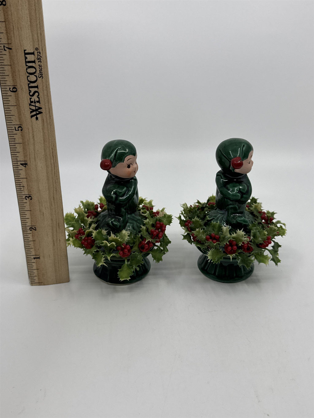 Set Of Two Vintage Inarco Japan Knee Hugger Pixie Elf Ceramic Holly Figurine