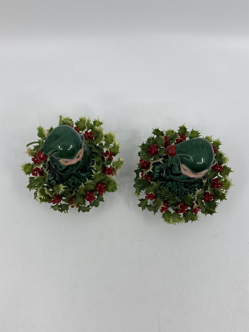 Set Of Two Vintage Inarco Japan Knee Hugger Pixie Elf Ceramic Holly Figurine