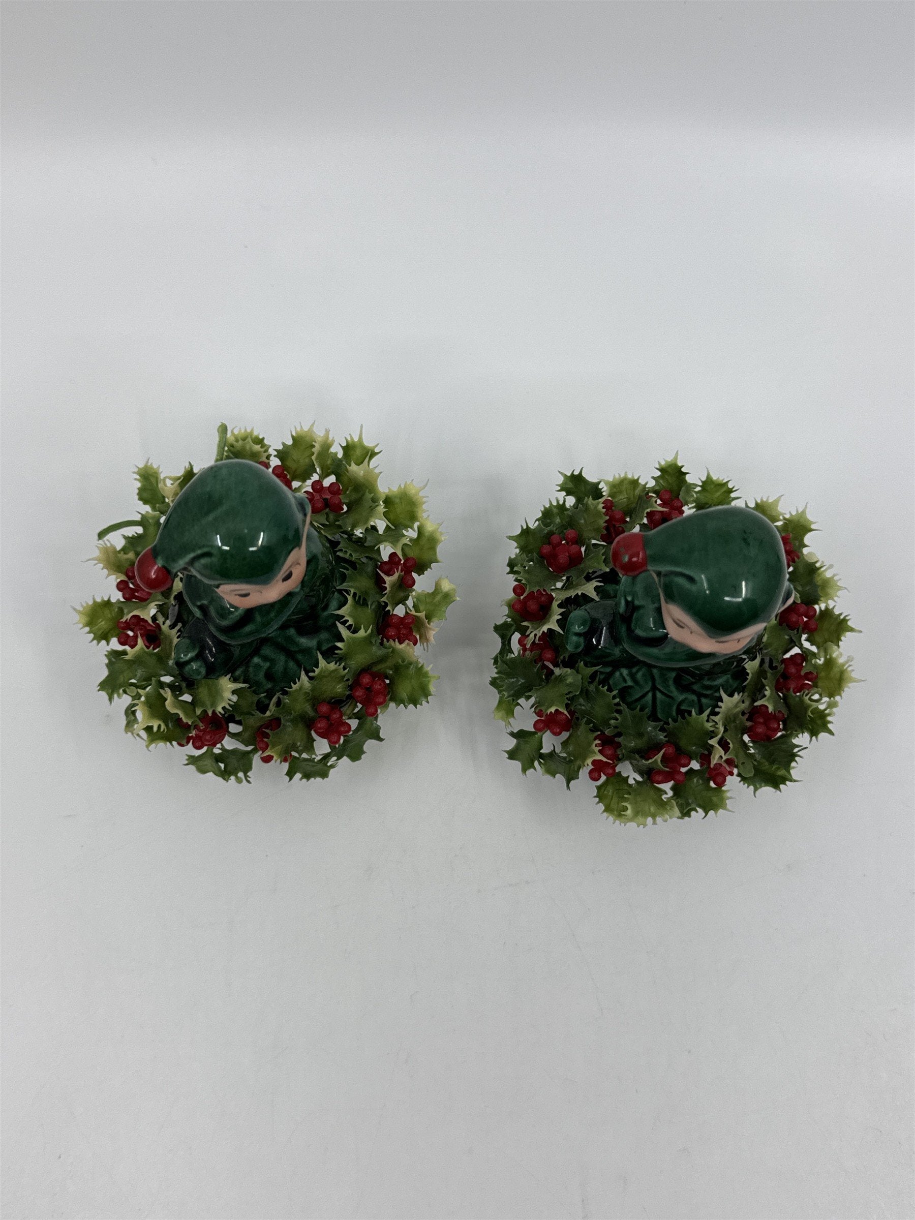 Set Of Two Vintage Inarco Japan Knee Hugger Pixie Elf Ceramic Holly Figurine