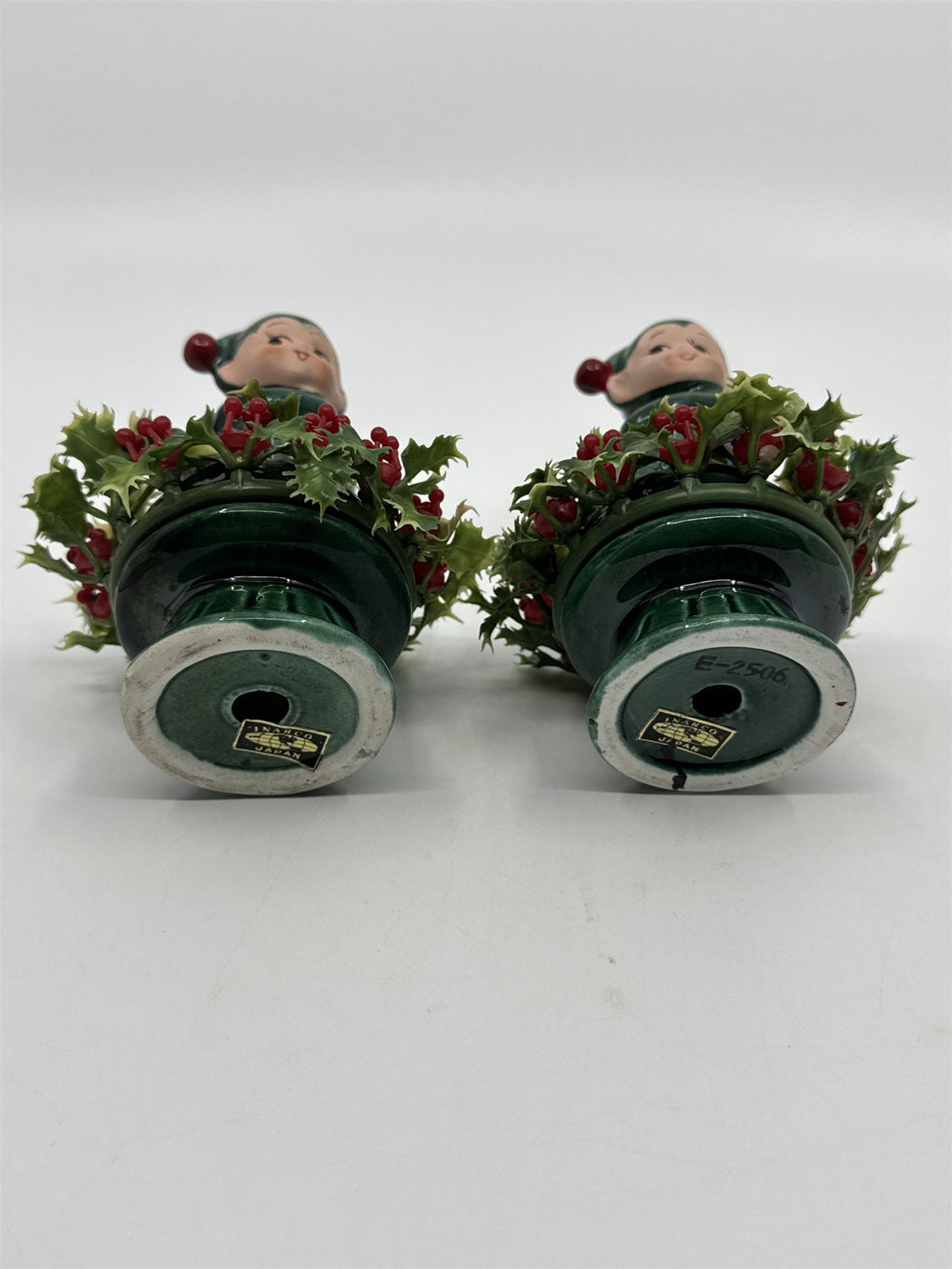 Set Of Two Vintage Inarco Japan Knee Hugger Pixie Elf Ceramic Holly Figurine