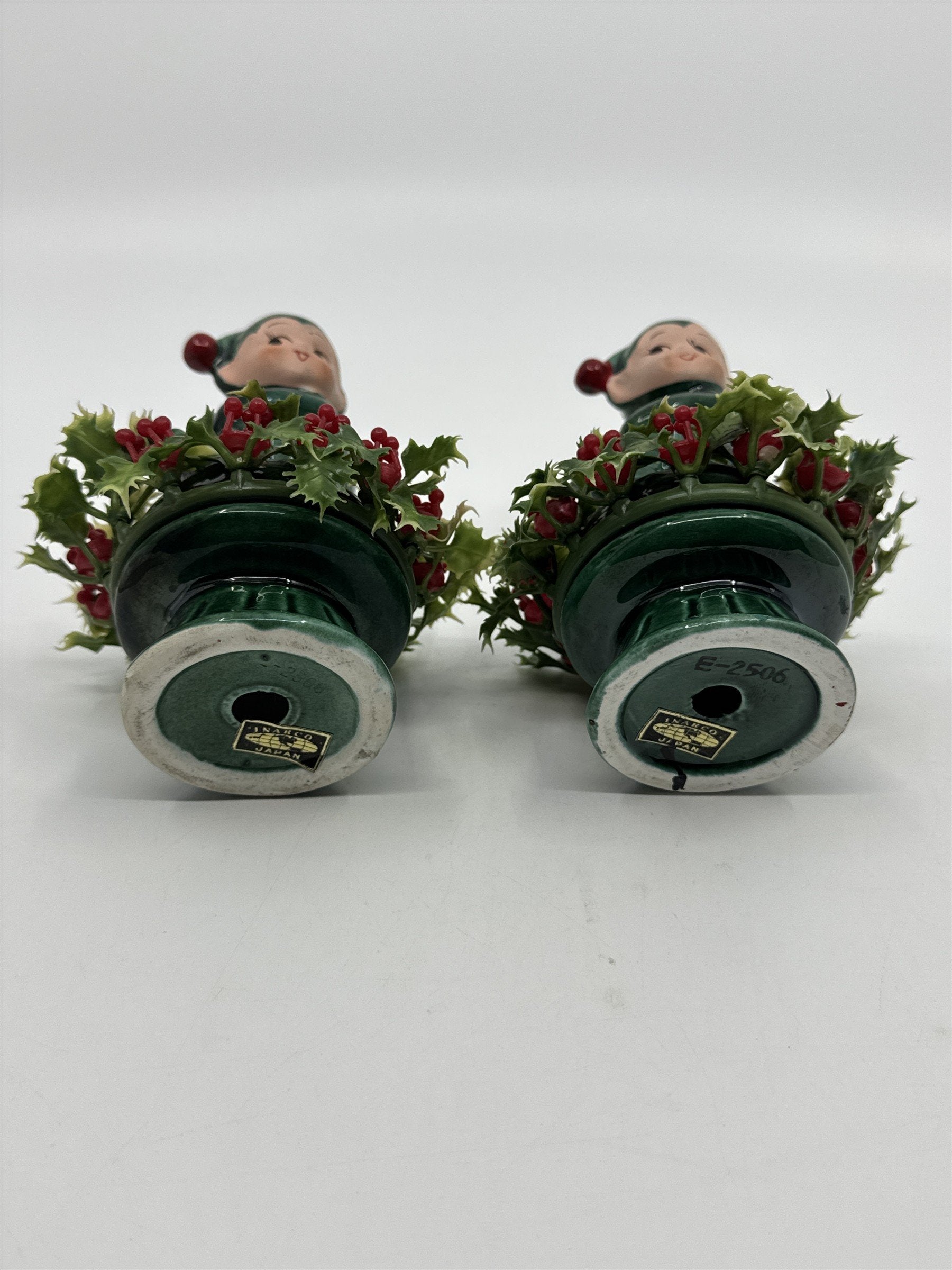 Set Of Two Vintage Inarco Japan Knee Hugger Pixie Elf Ceramic Holly Figurine