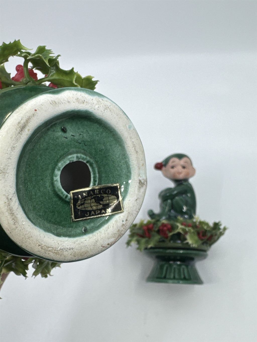 Set Of Two Vintage Inarco Japan Knee Hugger Pixie Elf Ceramic Holly Figurine
