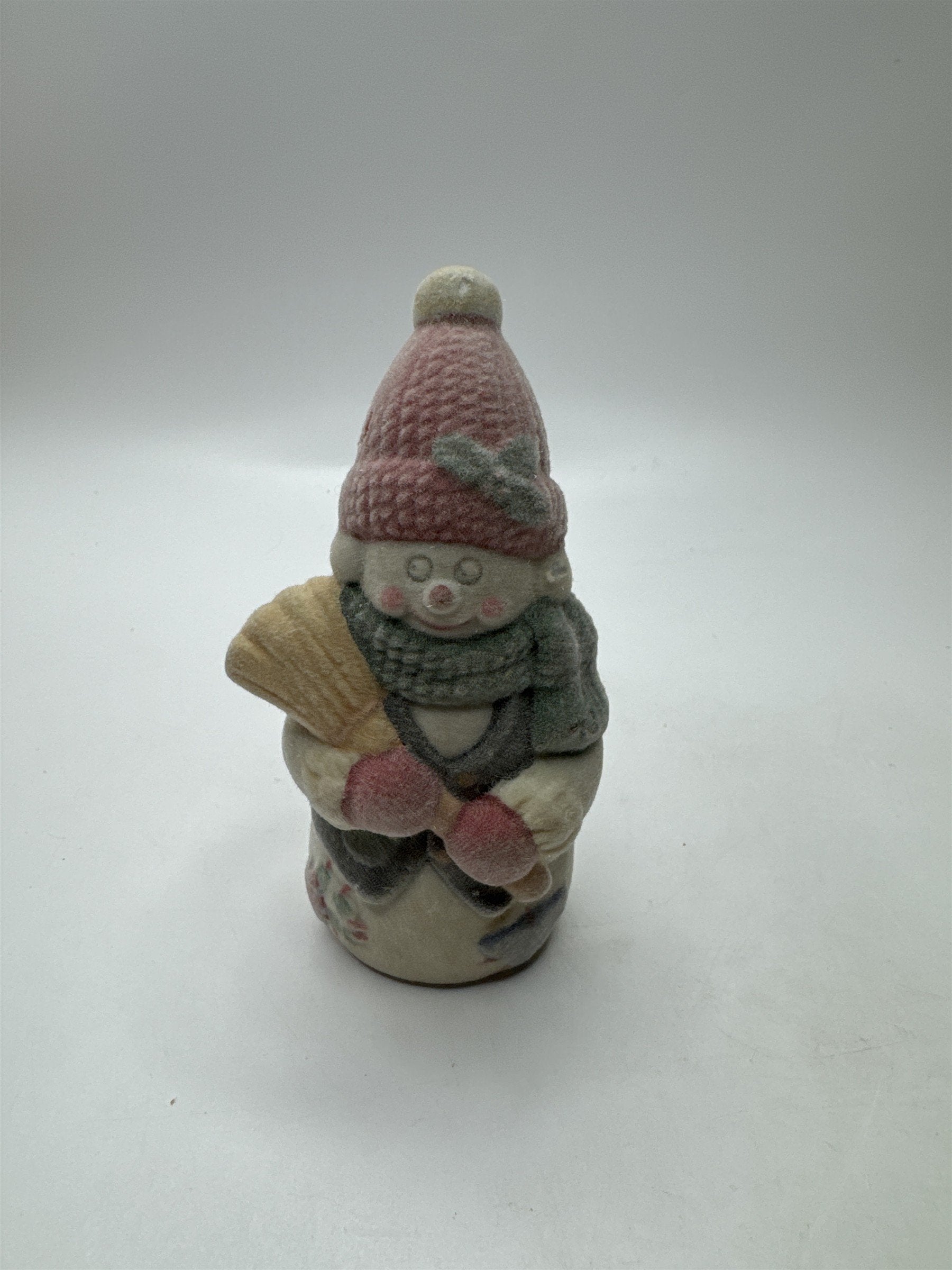 Vintage Flocked Ceramic Snowman Fuzzy Snowman /w Broomstick Christmas Figurine