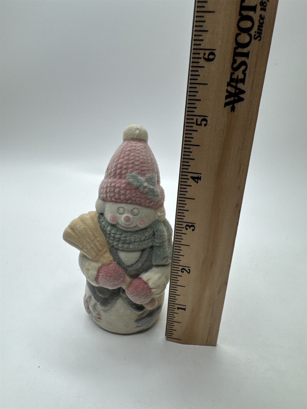 Vintage Flocked Ceramic Snowman Fuzzy Snowman /w Broomstick Christmas Figurine
