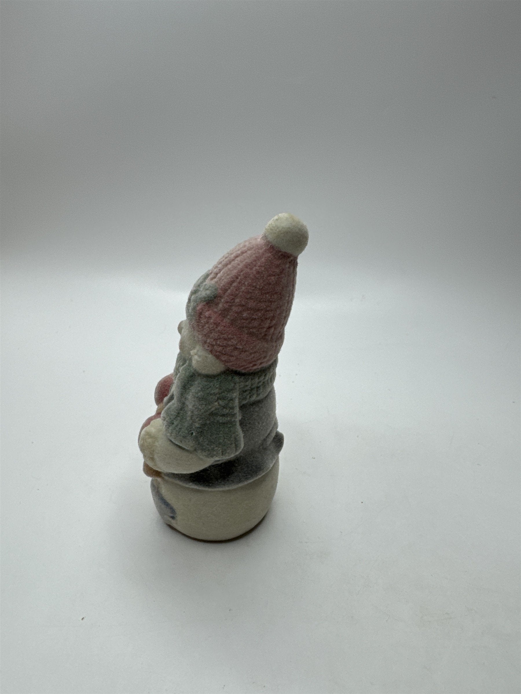 Vintage Flocked Ceramic Snowman Fuzzy Snowman /w Broomstick Christmas Figurine