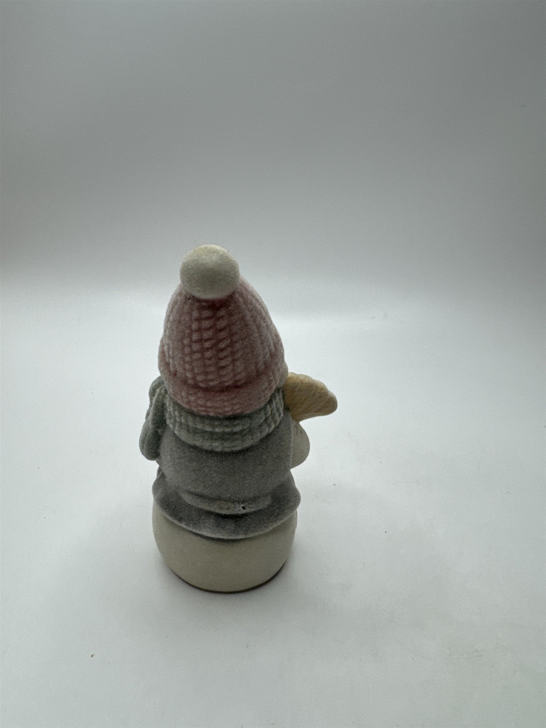 Vintage Flocked Ceramic Snowman Fuzzy Snowman /w Broomstick Christmas Figurine