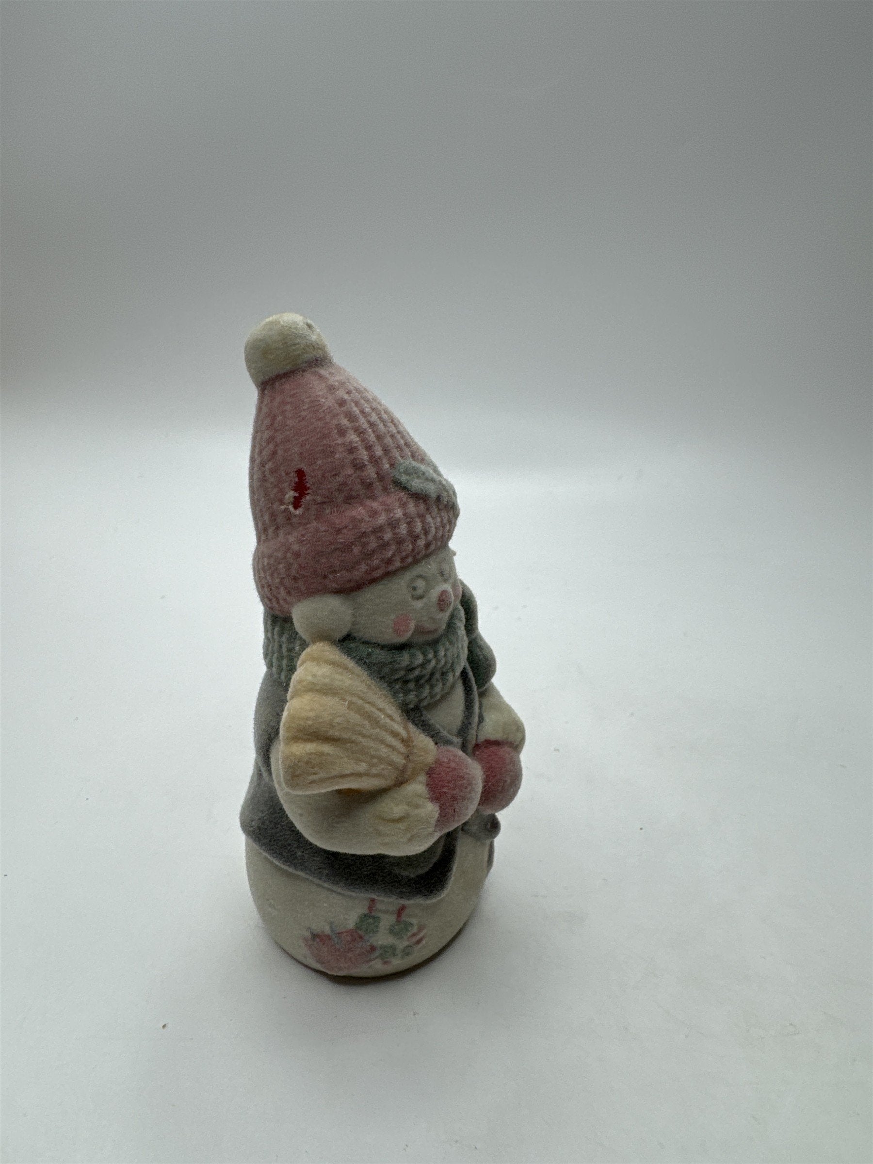 Vintage Flocked Ceramic Snowman Fuzzy Snowman /w Broomstick Christmas Figurine