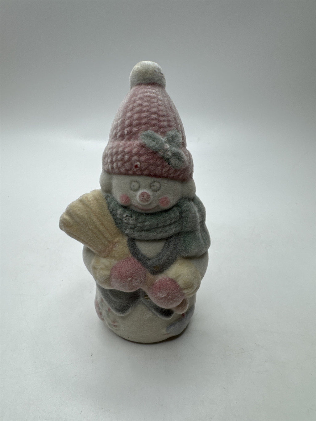 Vintage Flocked Ceramic Snowman Fuzzy Snowman /w Broomstick Christmas Figurine
