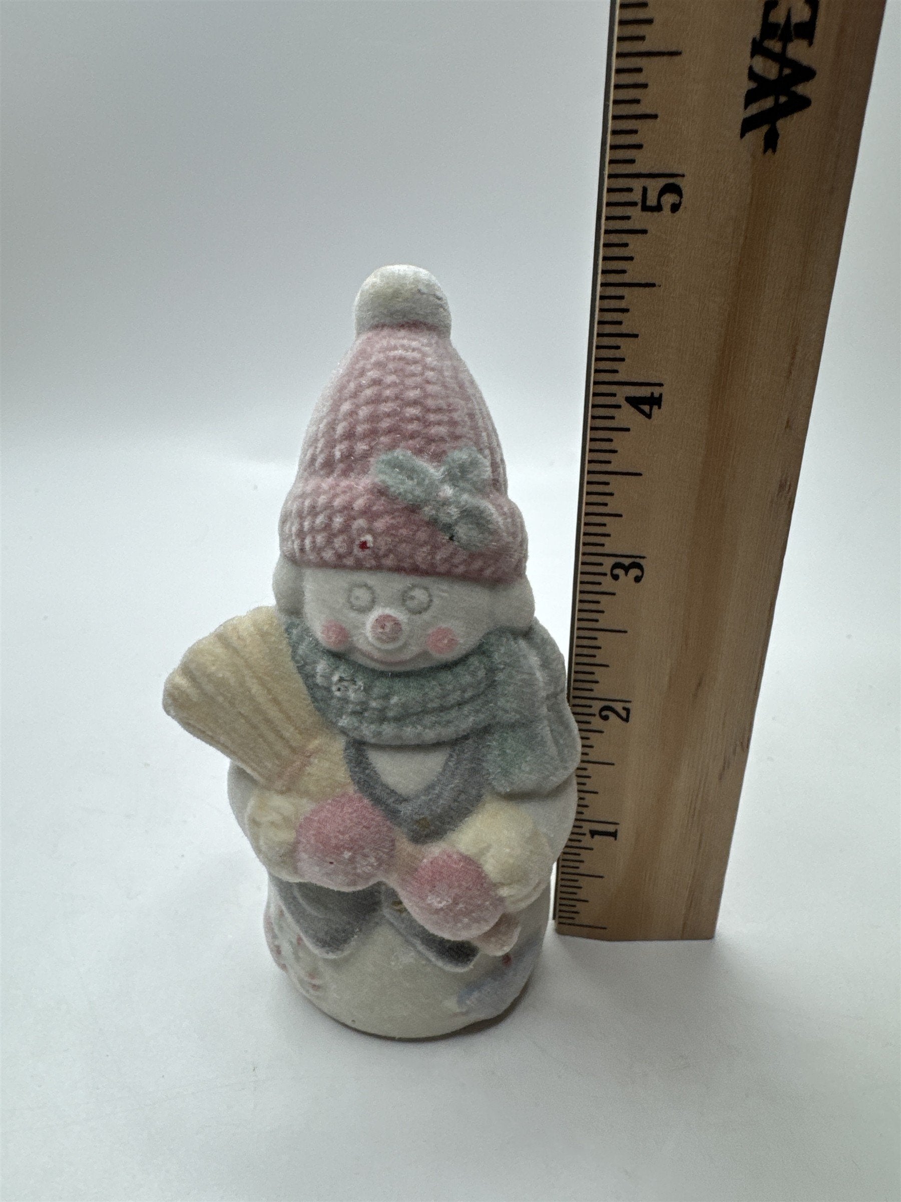 Vintage Flocked Ceramic Snowman Fuzzy Snowman /w Broomstick Christmas Figurine