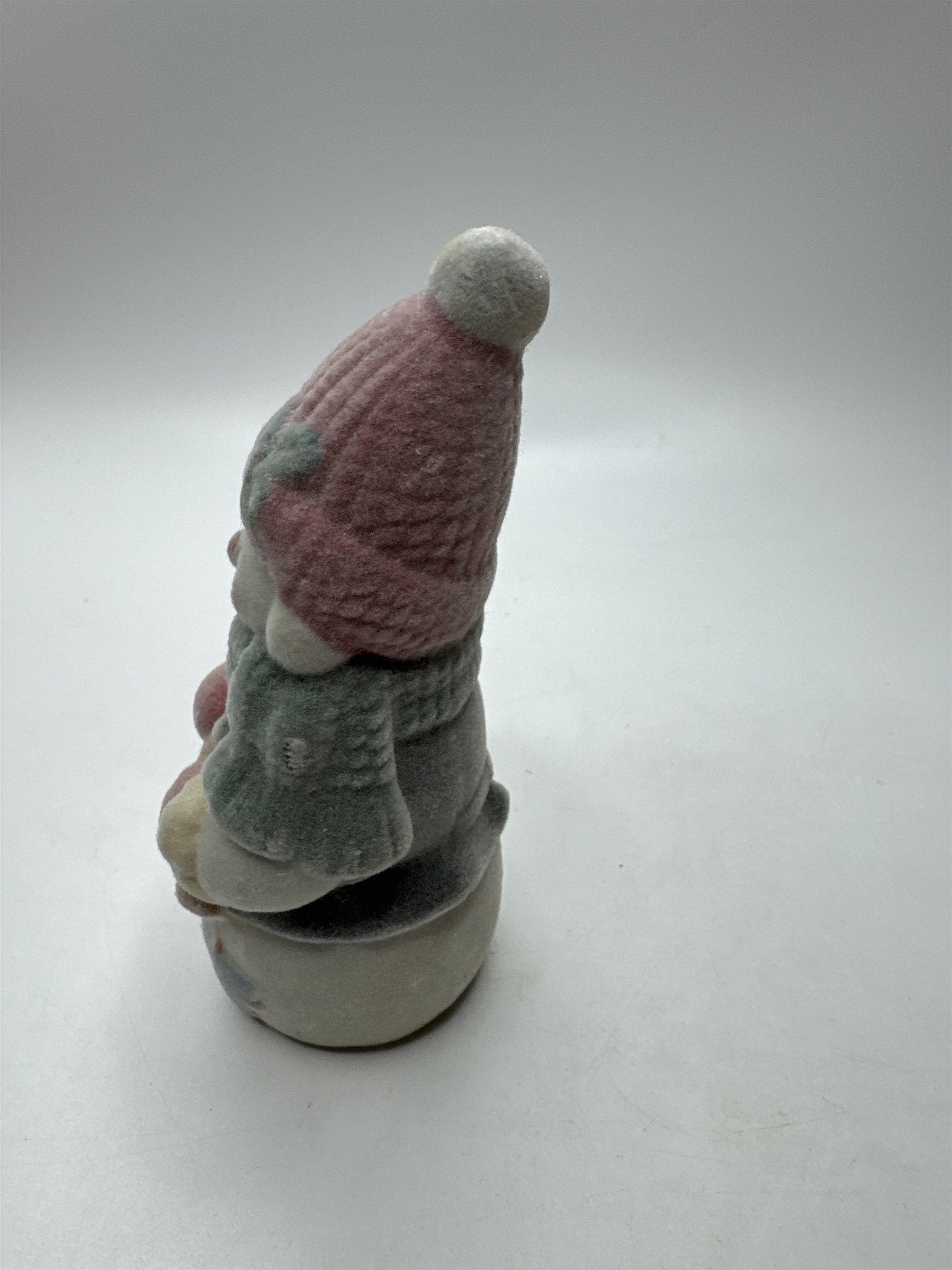 Vintage Flocked Ceramic Snowman Fuzzy Snowman /w Broomstick Christmas Figurine
