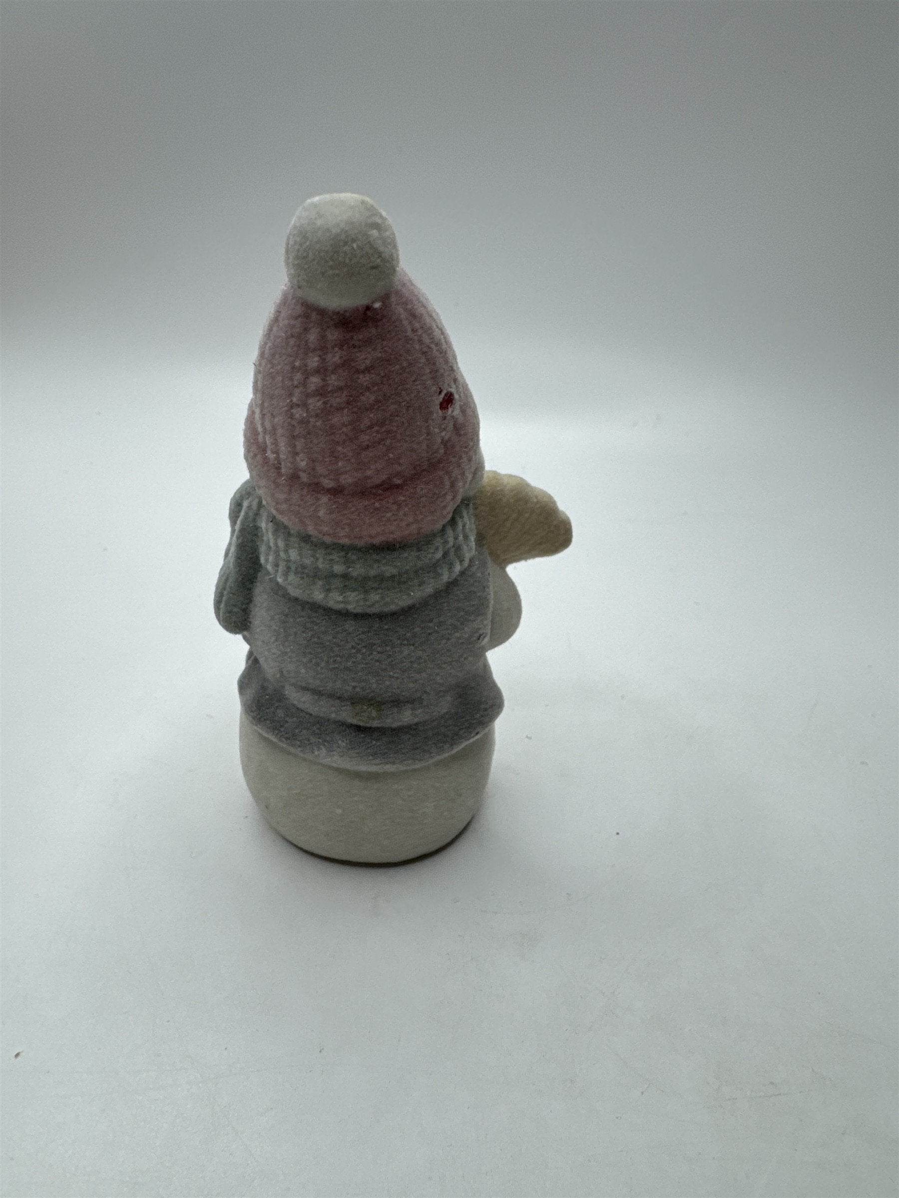 Vintage Flocked Ceramic Snowman Fuzzy Snowman /w Broomstick Christmas Figurine