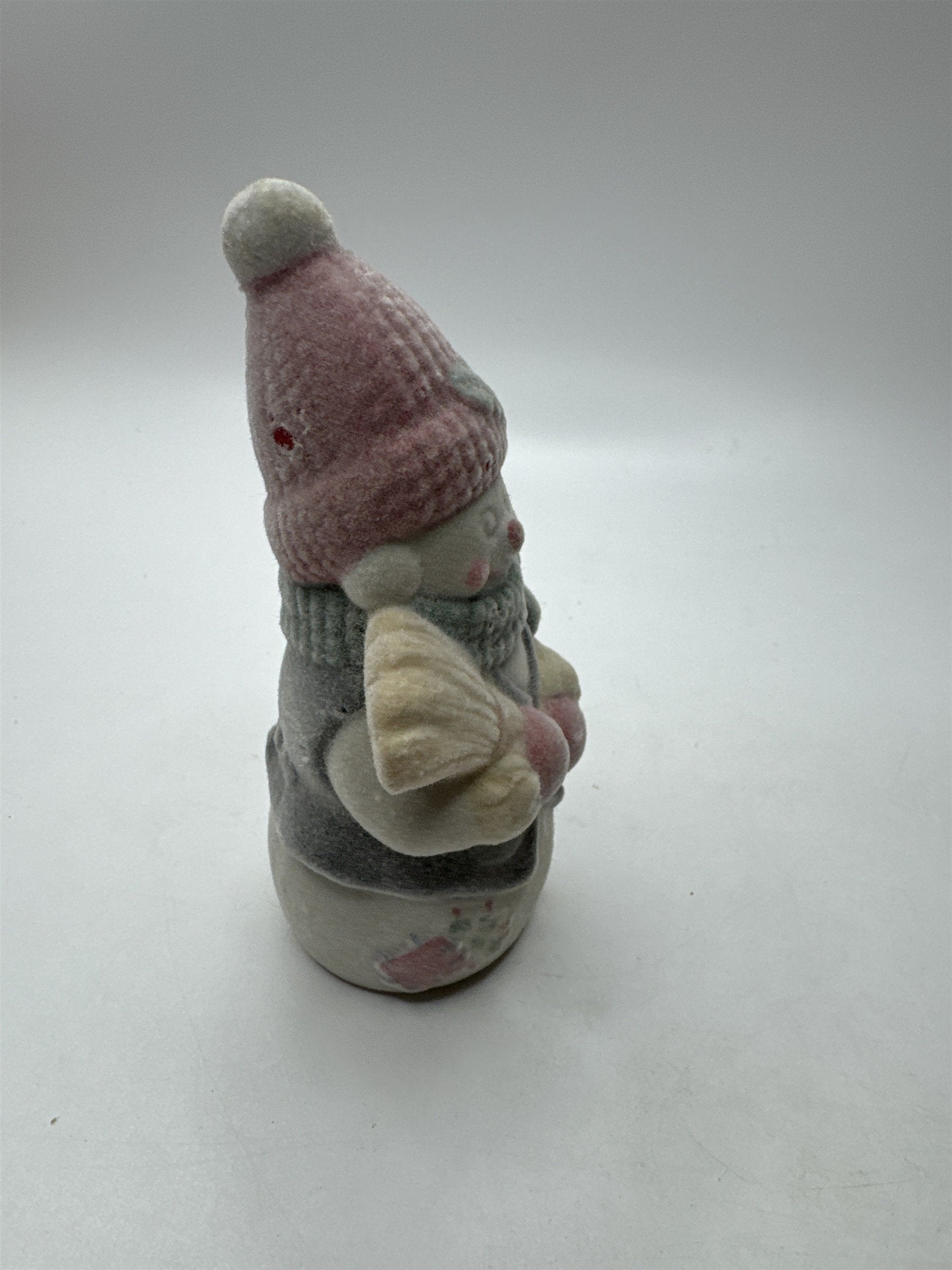 Vintage Flocked Ceramic Snowman Fuzzy Snowman /w Broomstick Christmas Figurine