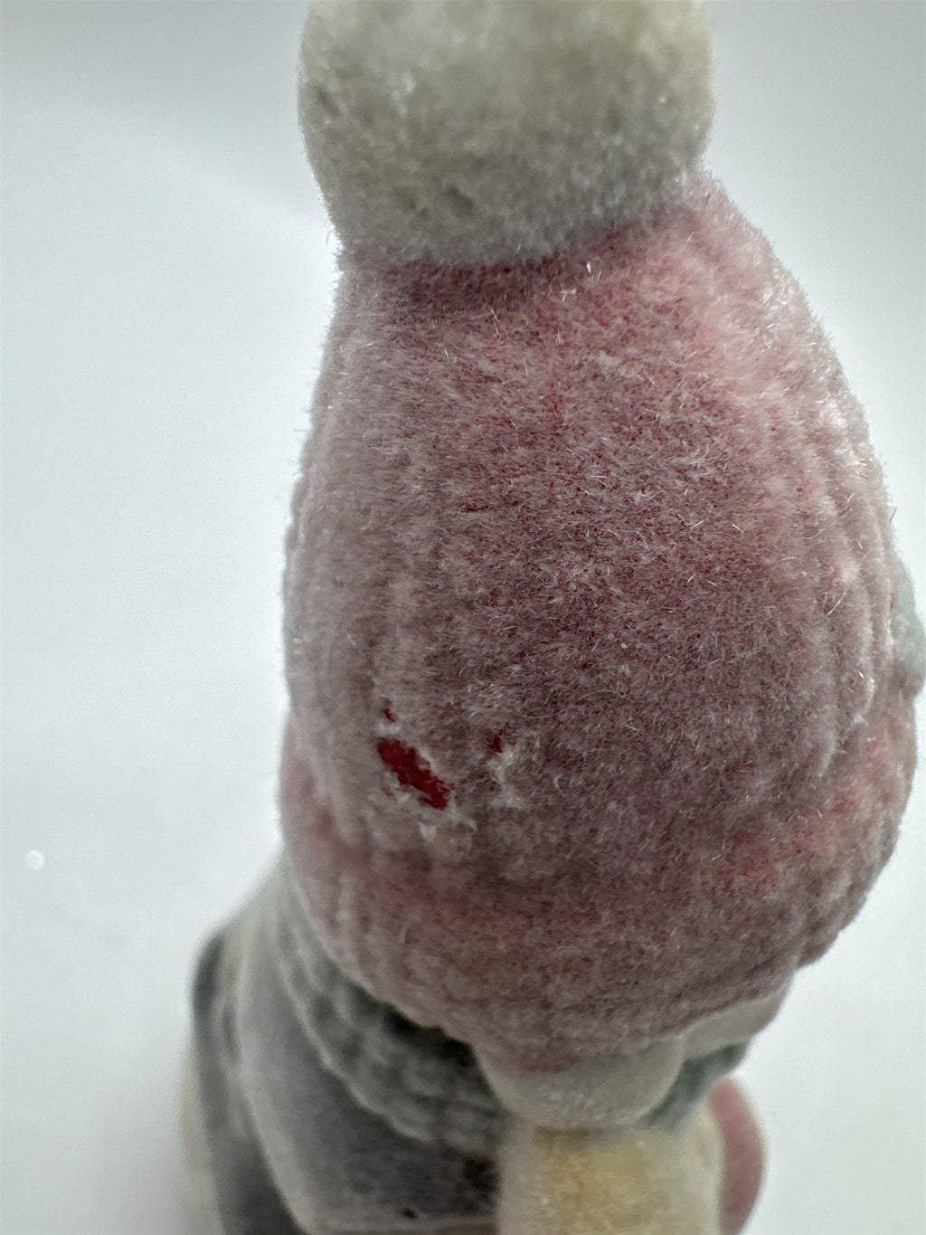 Vintage Flocked Ceramic Snowman Fuzzy Snowman /w Broomstick Christmas Figurine