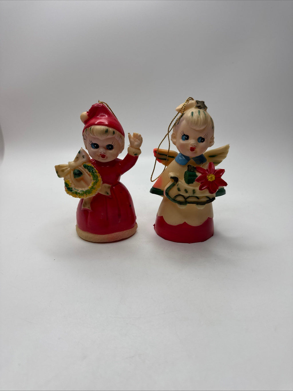 Set of 2 Vintage Japan Plastic Christmas Ornaments Angel Wreath Children