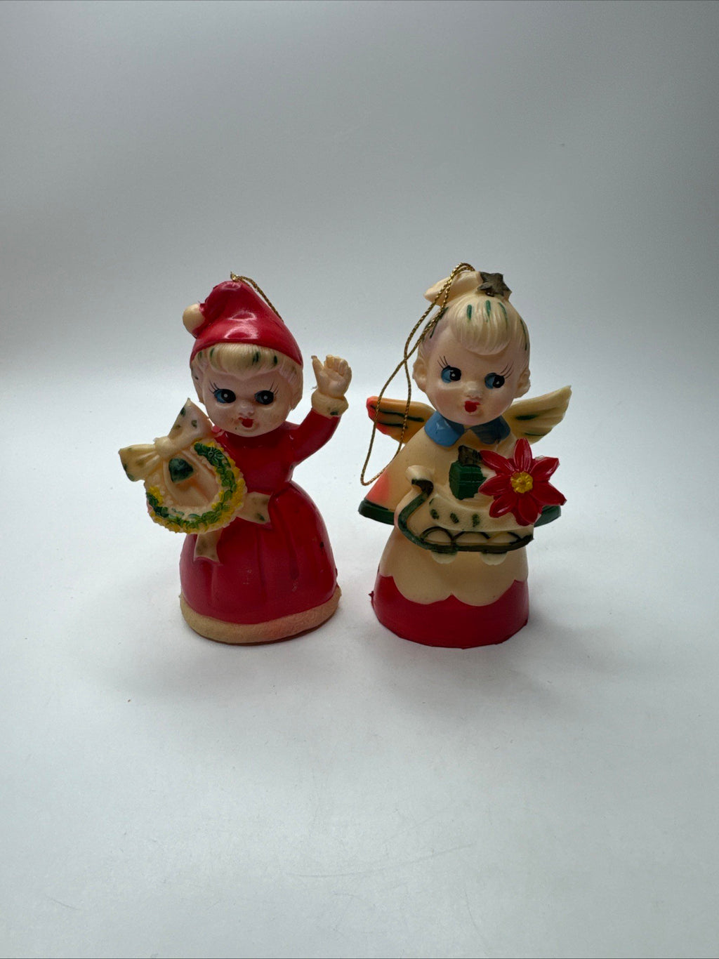 Set of 2 Vintage Japan Plastic Christmas Ornaments Angel Wreath Children