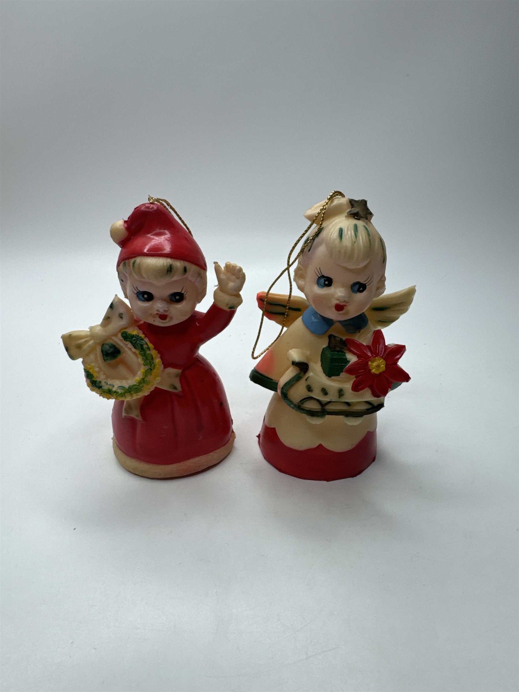 Set of 2 Vintage Japan Plastic Christmas Ornaments Angel Wreath Children