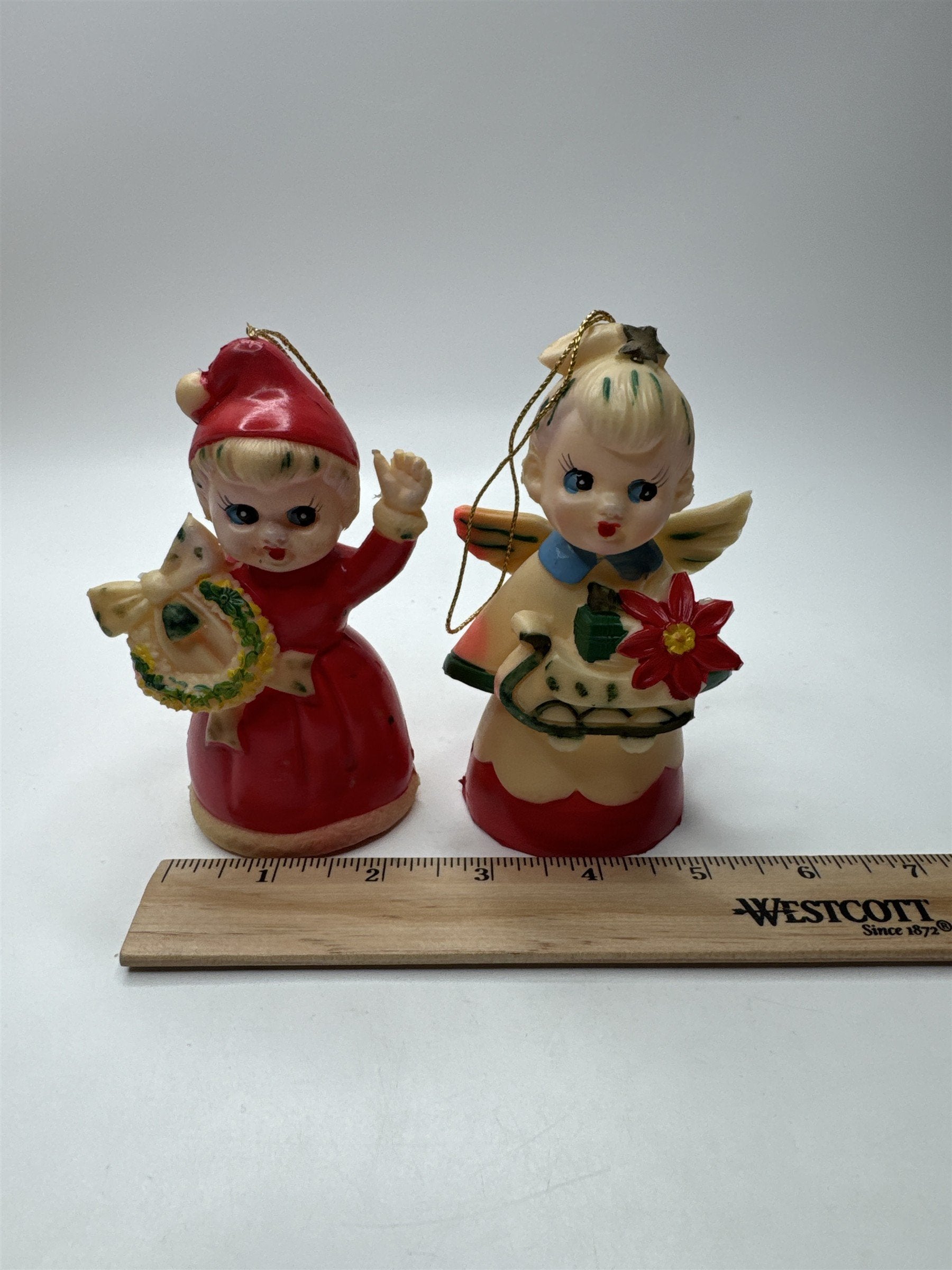 Set of 2 Vintage Japan Plastic Christmas Ornaments Angel Wreath Children