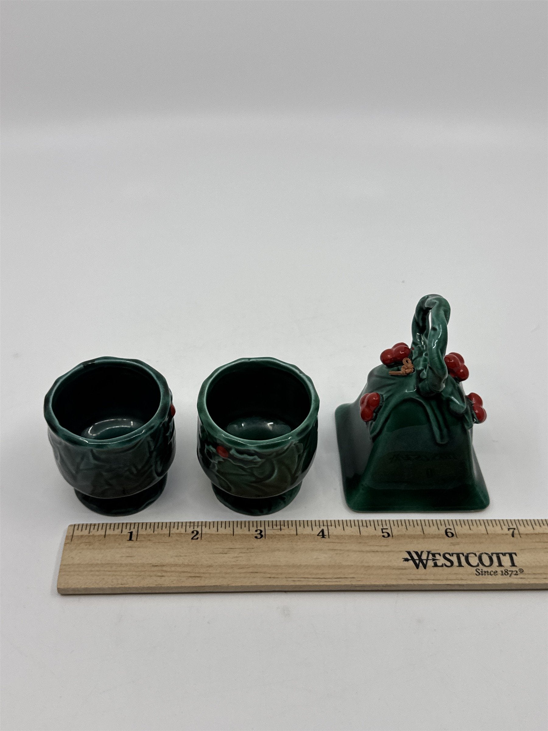 Set Of Three Vintage Lefton Green Holly Berry Ceramic Pieces Bell And 2 Votives