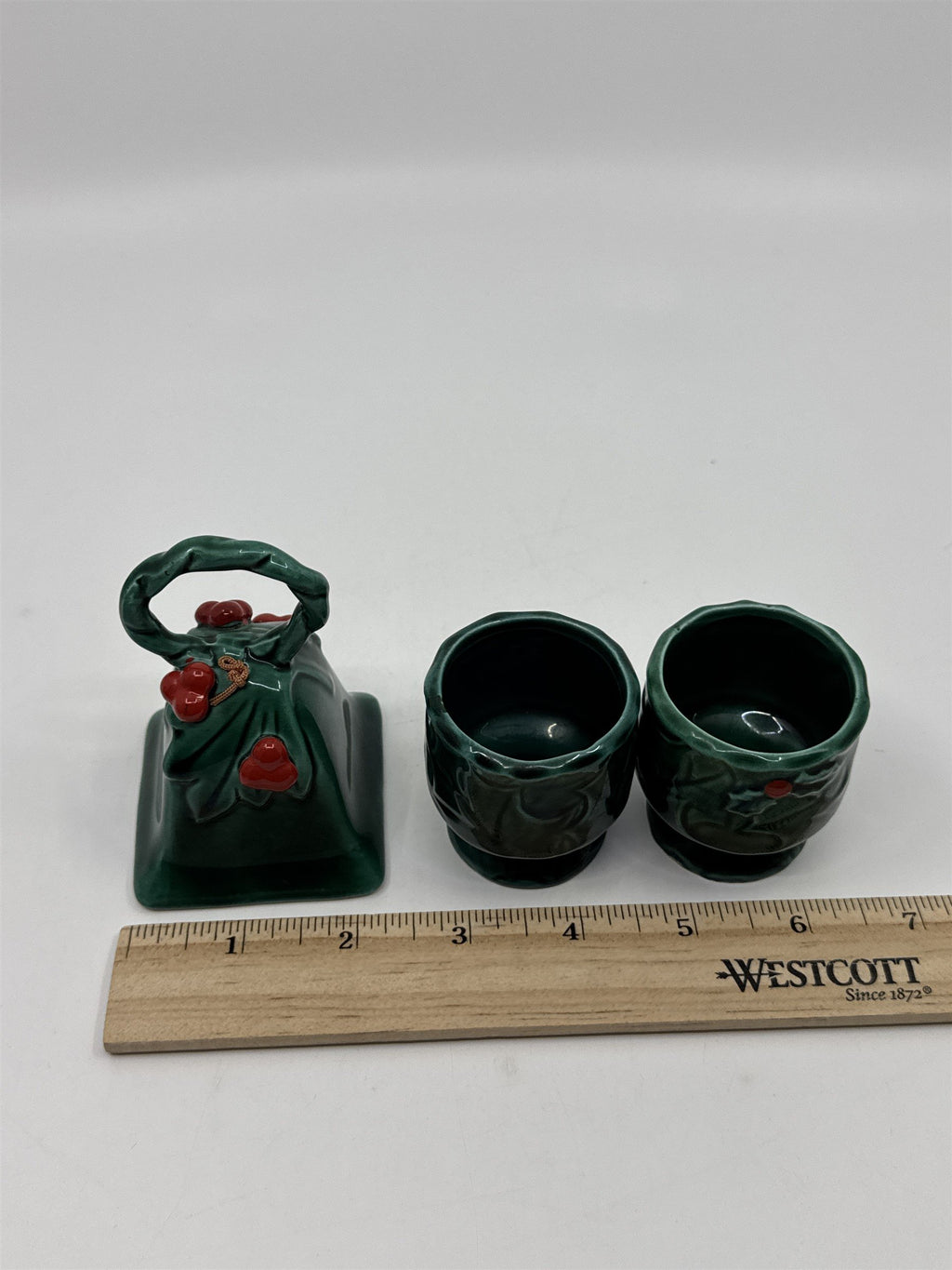 Set Of Three Vintage Lefton Green Holly Berry Ceramic Pieces Bell And 2 Votives