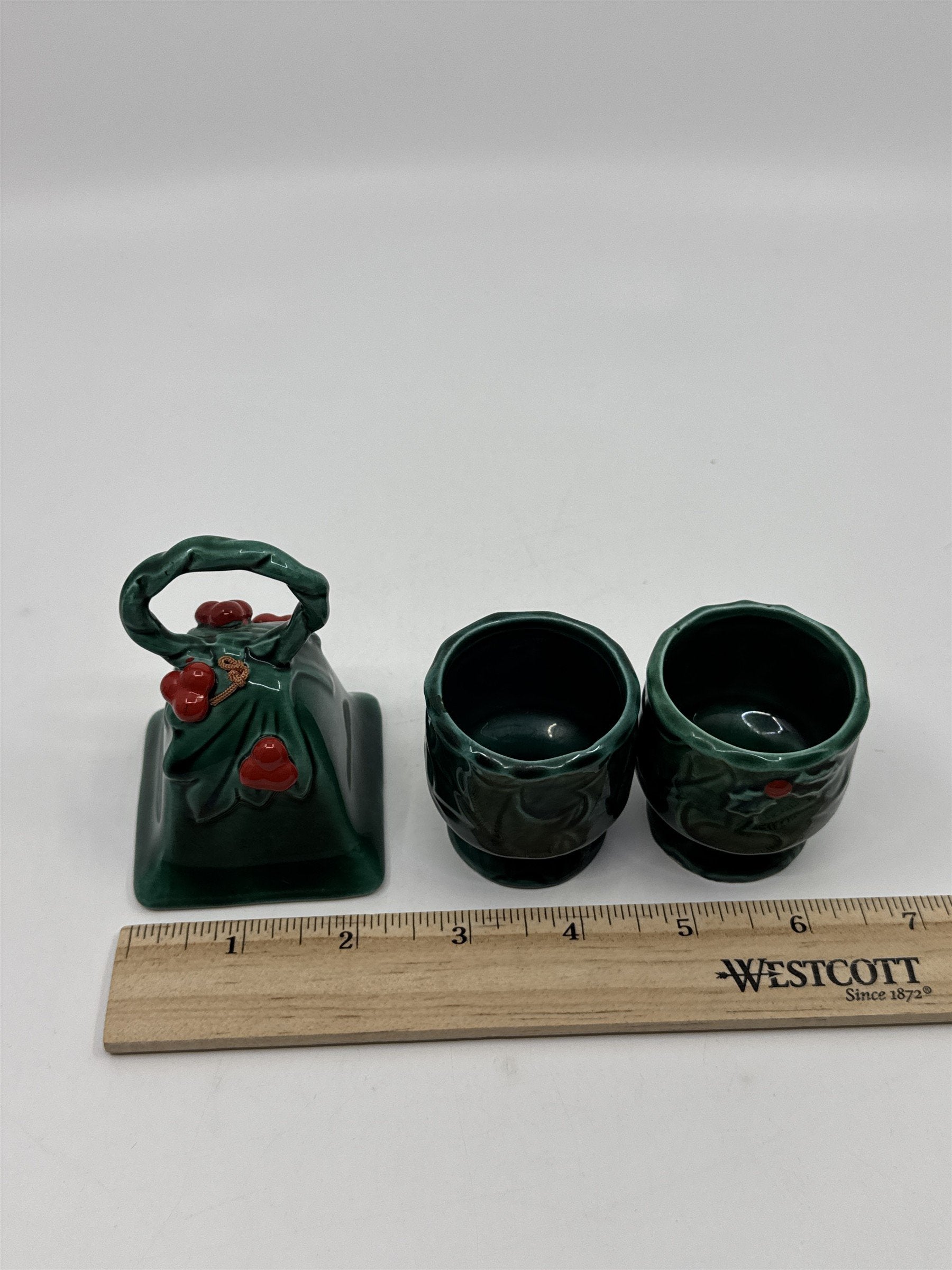 Set Of Three Vintage Lefton Green Holly Berry Ceramic Pieces Bell And 2 Votives