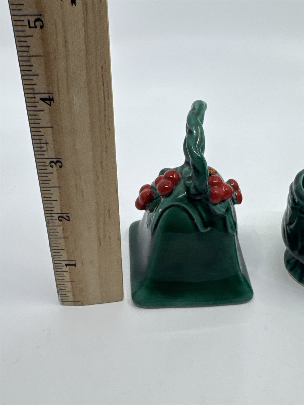 Set Of Three Vintage Lefton Green Holly Berry Ceramic Pieces Bell And 2 Votives