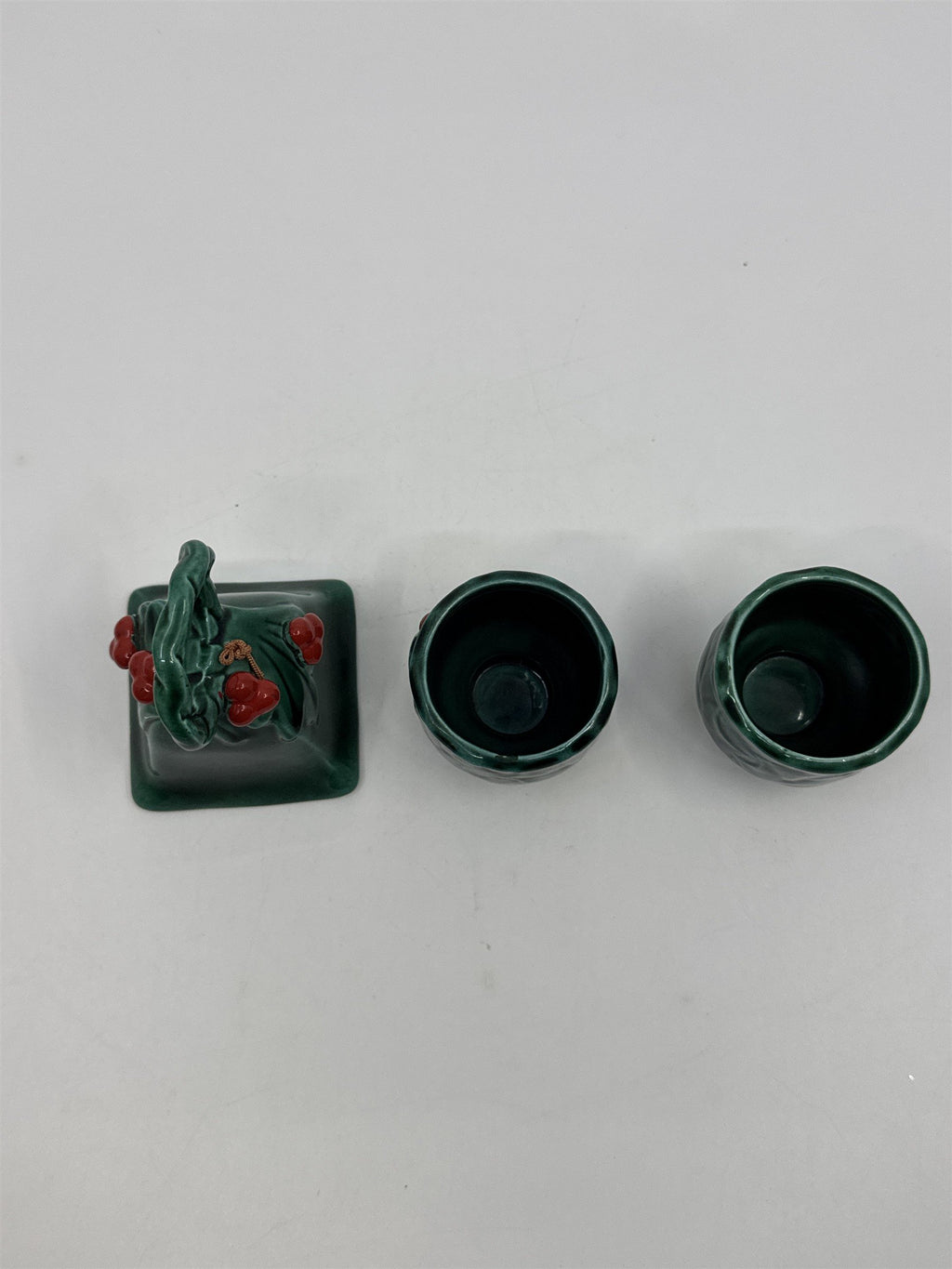 Set Of Three Vintage Lefton Green Holly Berry Ceramic Pieces Bell And 2 Votives