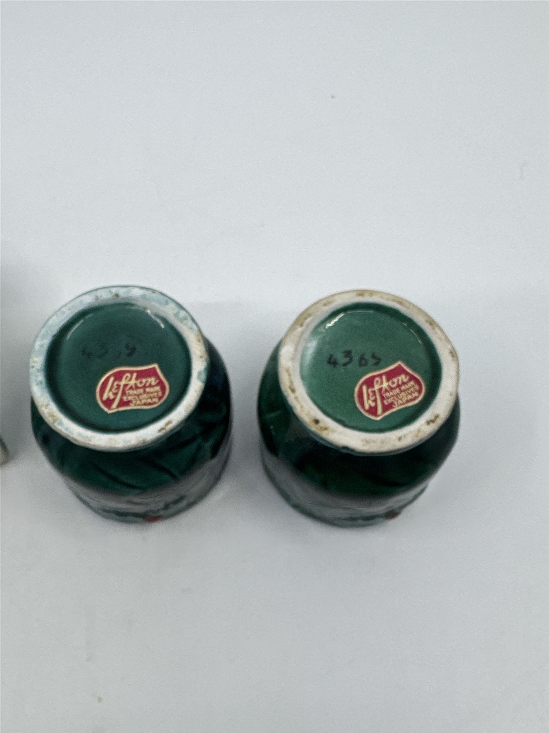 Set Of Three Vintage Lefton Green Holly Berry Ceramic Pieces Bell And 2 Votives
