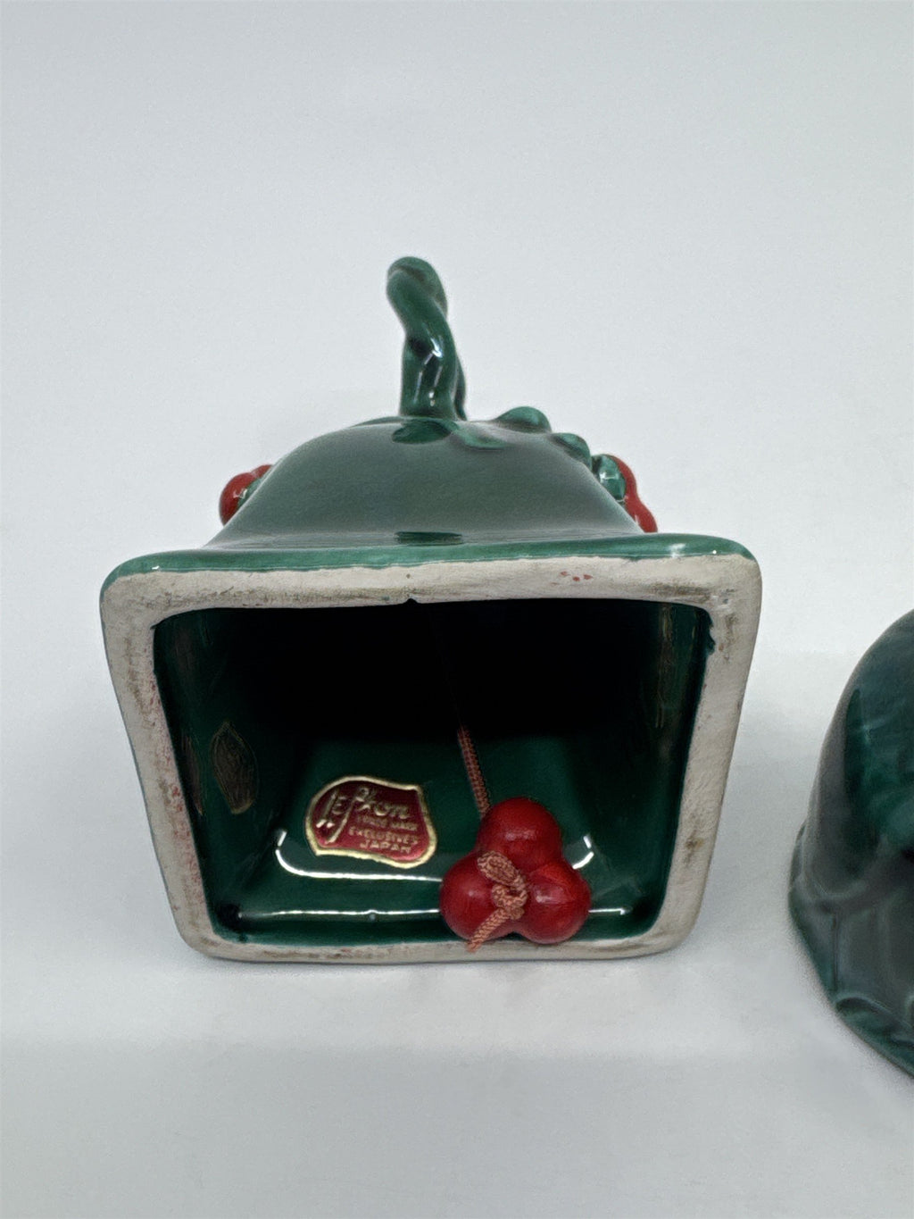 Set Of Three Vintage Lefton Green Holly Berry Ceramic Pieces Bell And 2 Votives