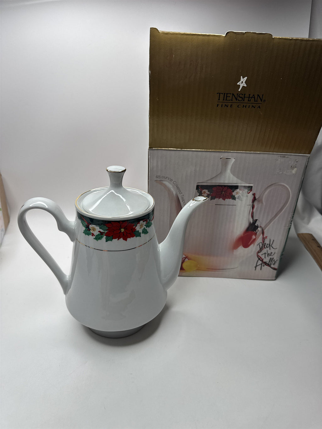 Tienshan Fine China Deck the Halls Coffee Tea Pot Christmas Poinsettia Holiday