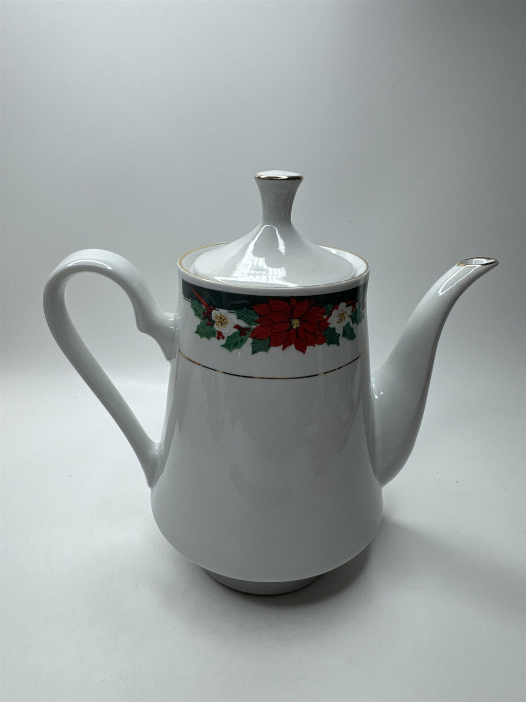 Tienshan Fine China Deck the Halls Coffee Tea Pot Christmas Poinsettia Holiday