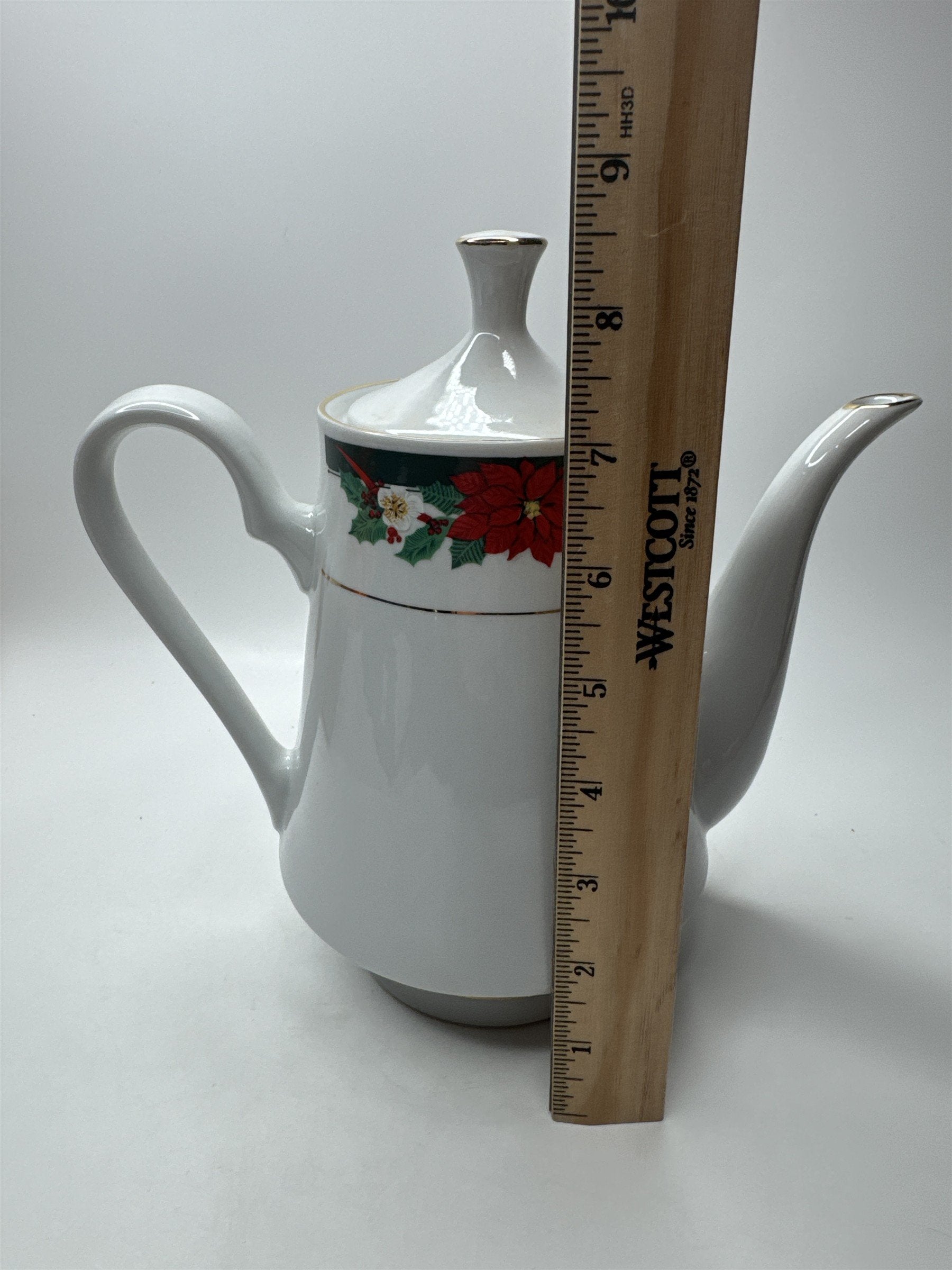 Tienshan Fine China Deck the Halls Coffee Tea Pot Christmas Poinsettia Holiday