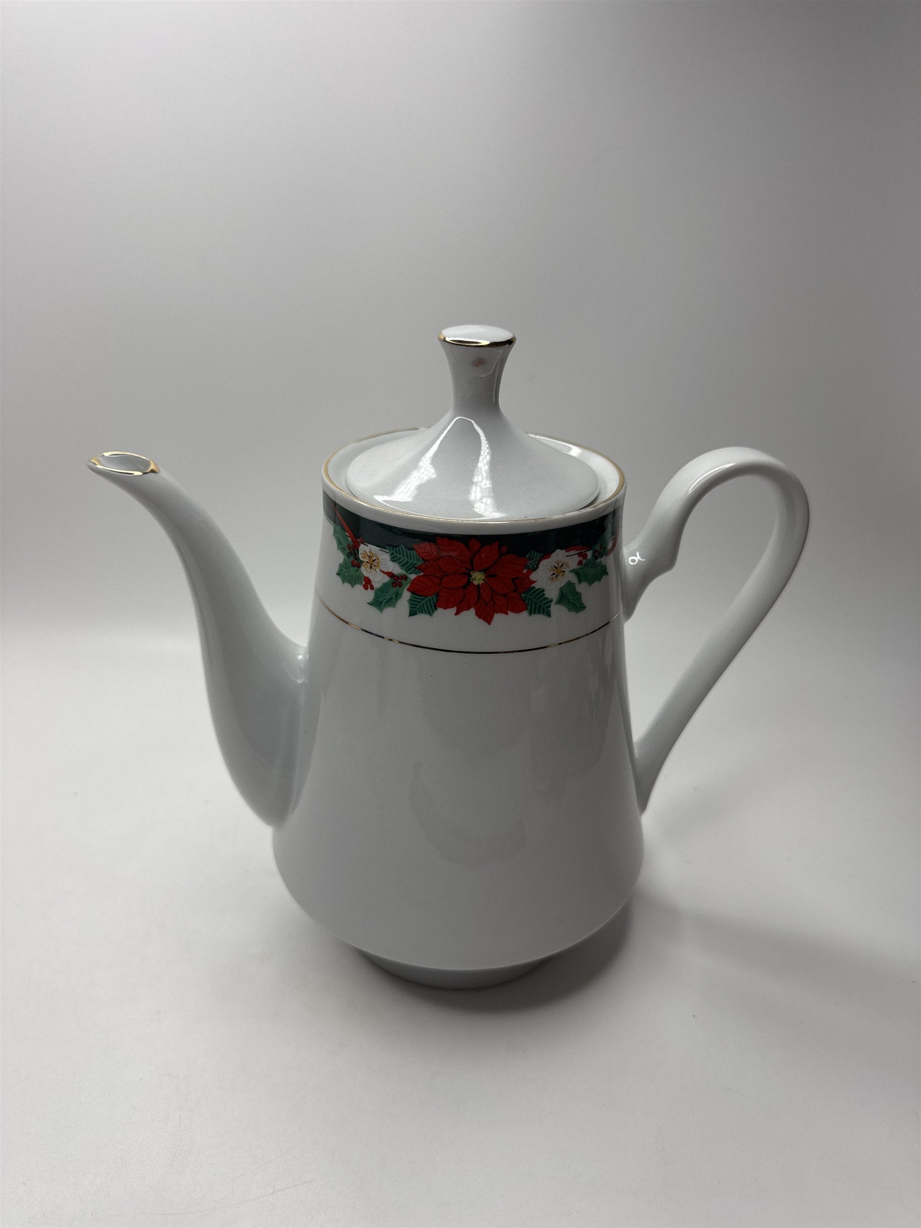 Tienshan Fine China Deck the Halls Coffee Tea Pot Christmas Poinsettia Holiday