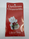 Vintage Holiday Christmas Ornament/Gift Tag White And Silver Cat W/ Present