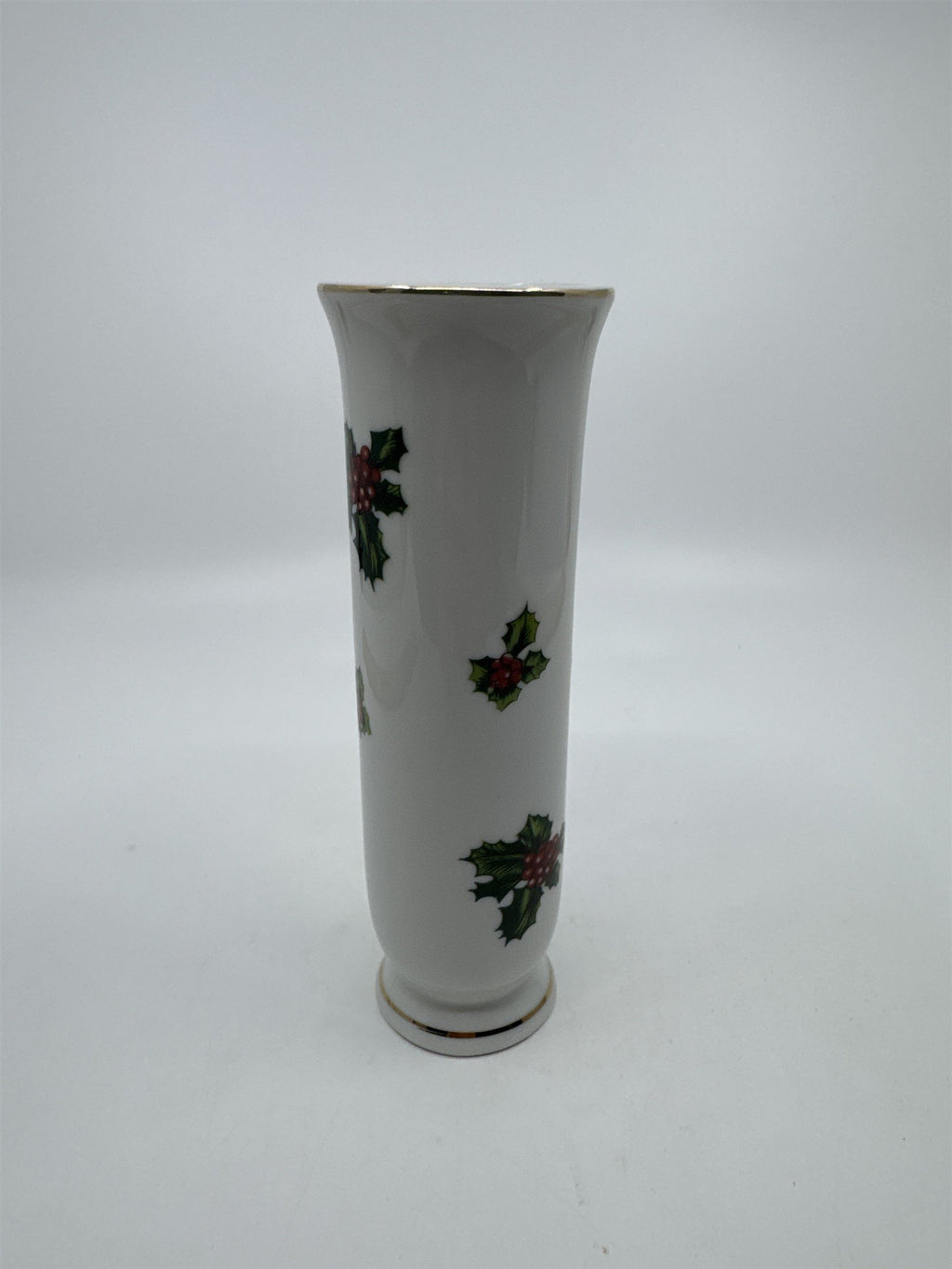 Vintage Lefton Christmas Holly Berry Porcelain Bud Vase W/ Gold Trim