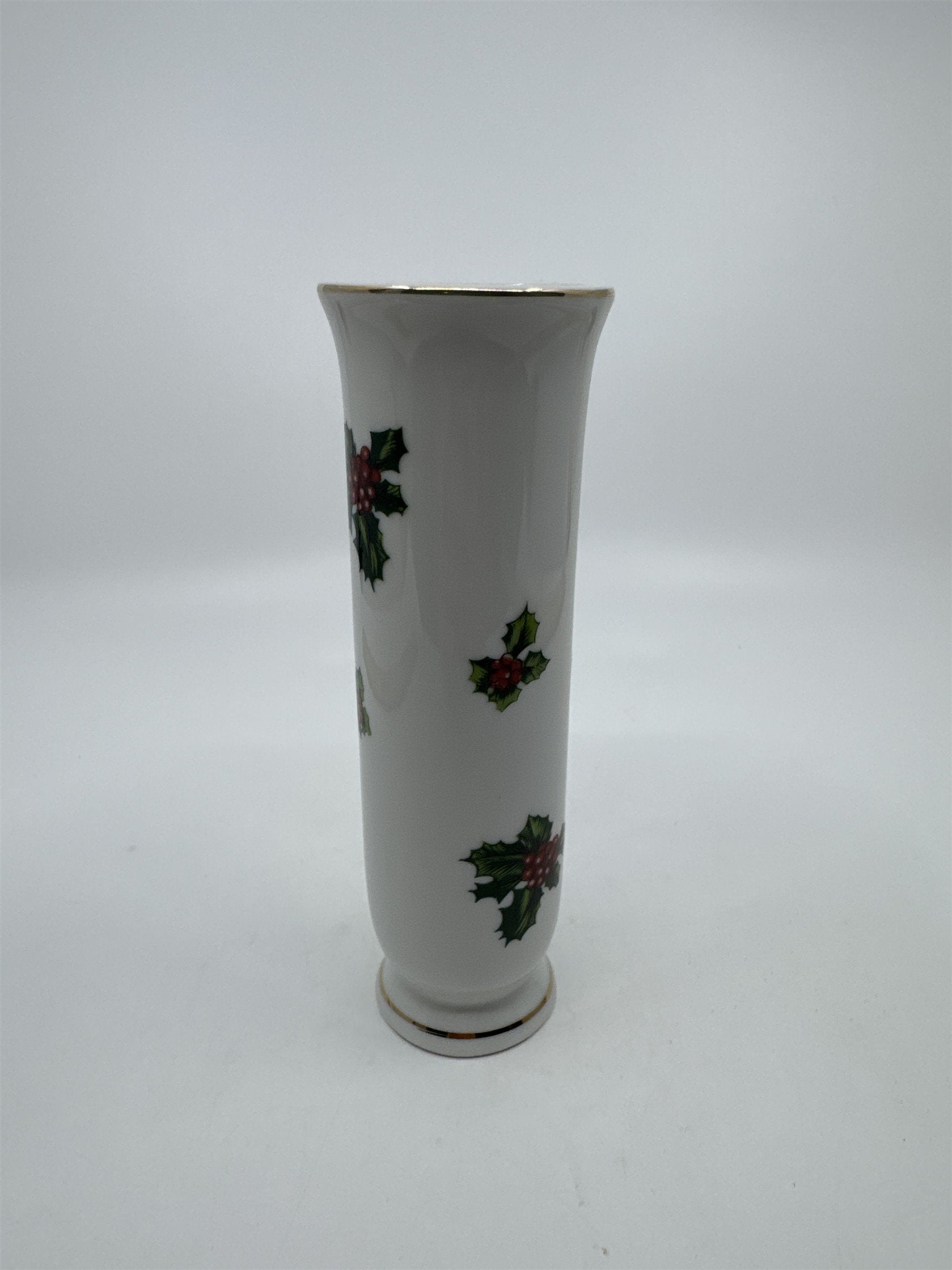 Vintage Lefton Christmas Holly Berry Porcelain Bud Vase W/ Gold Trim
