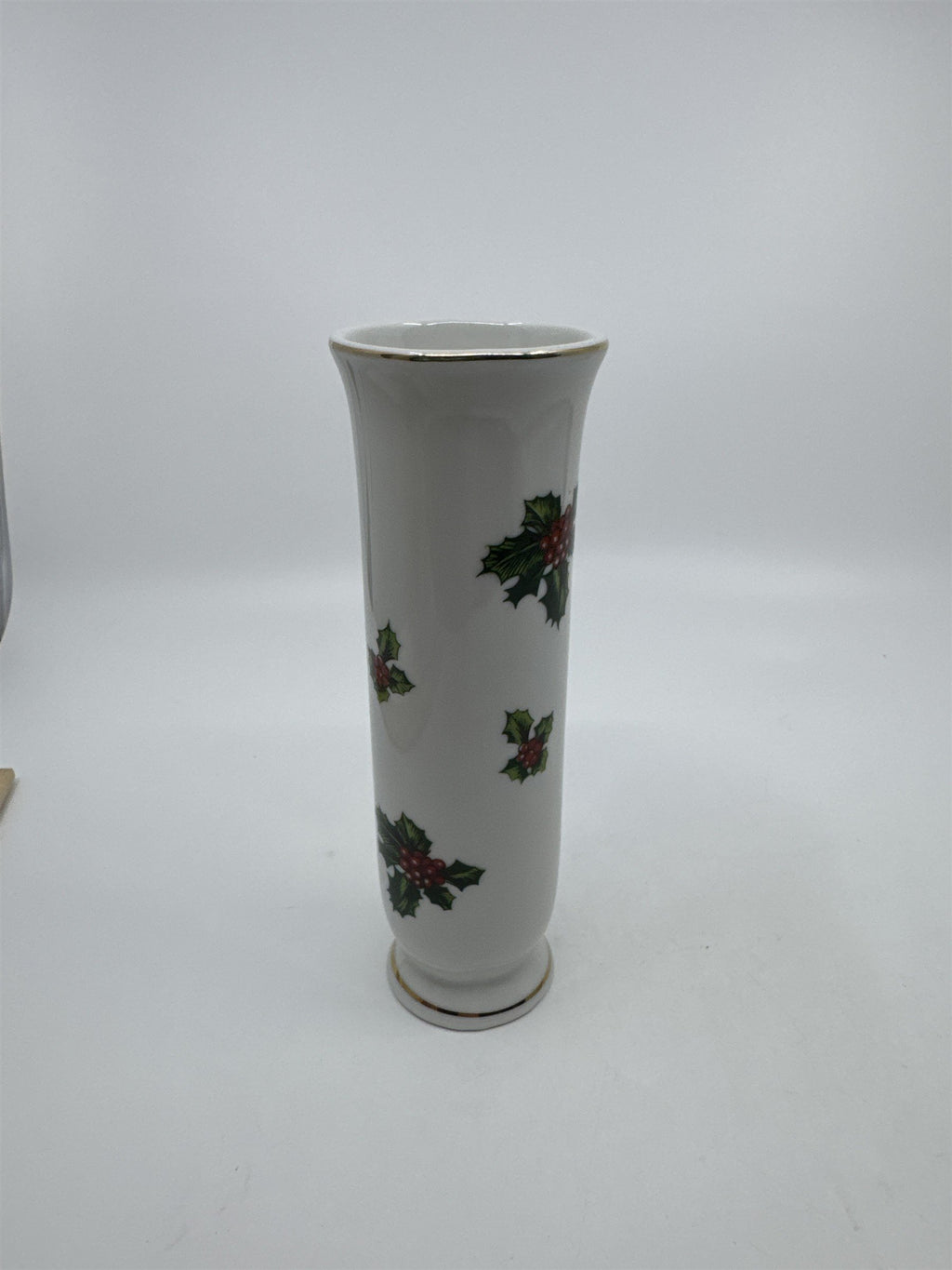 Vintage Lefton Christmas Holly Berry Porcelain Bud Vase W/ Gold Trim