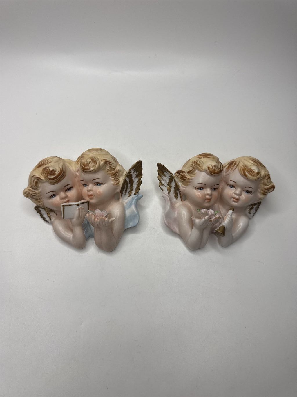 Set of 2 Tilso Japan Porcelain Hanging Angels Reading Trumpet Floral Angels